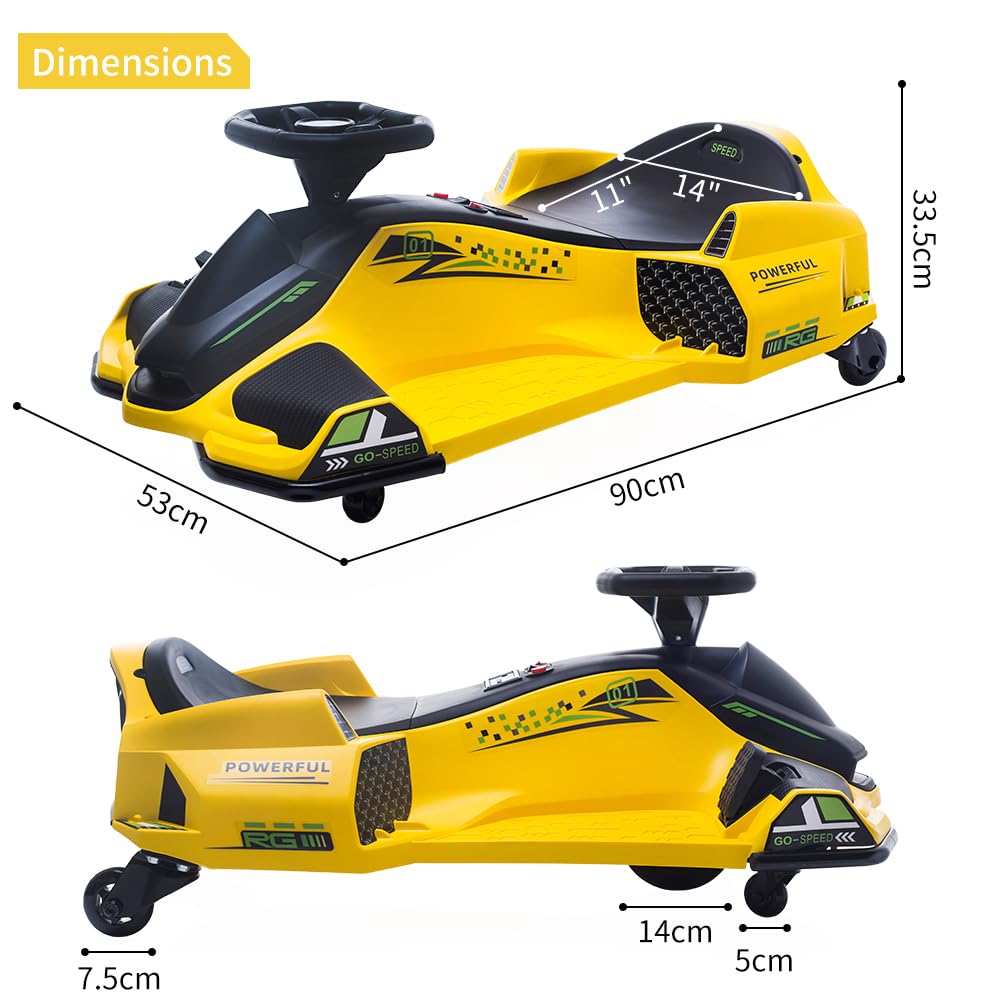 24V Kids Electric Drift Kart - Adjustable Speed, 5-Wheel Design, Built-in Music & LED Lights (Front/Rear), Low Battery Alarm - Yellow | Perfect for Outdoor Play, Backyard Racing & Birthday Gifts for Boys & Girls Ages 3-8