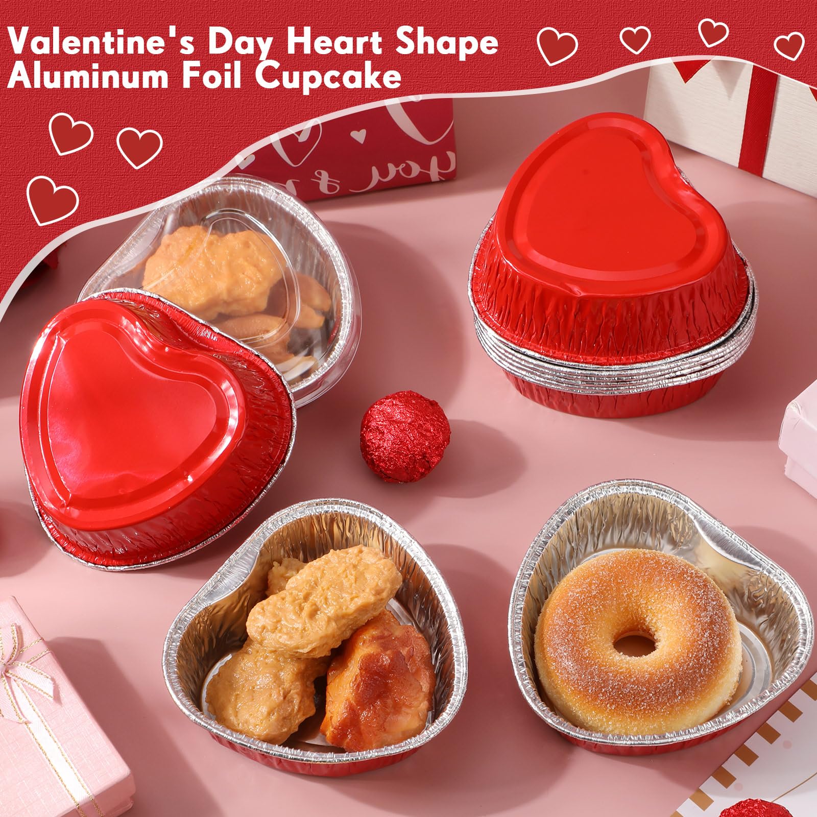 Honeydak 25-Pack Heart Shaped Cake Pans - 4 Inch Aluminum Foil Baking Cups with Lids (6 oz/180 ml) - Disposable Mini Heart Cake Liners for Valentine's Day, Weddings & Anniversaries - Perfect for Cupcakes, Desserts & Party Treats