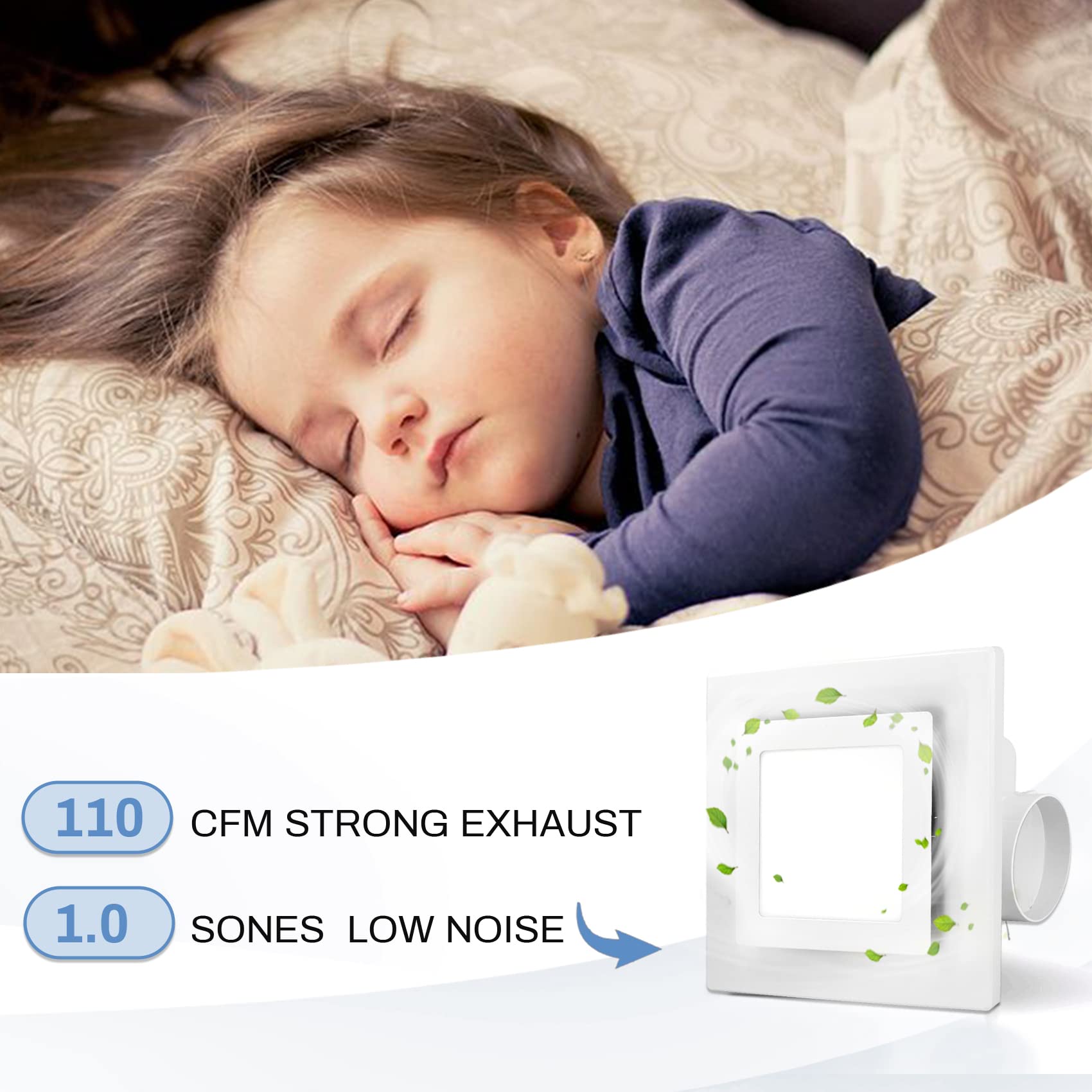 Ultra Quiet Bathroom Exhaust Fan with LED Light (3000K/4000K/6000K Color Changing) - 1.0 Sones, 110 CFM, White Ventilation Fan for Bathroom, Shower, Restroom, Home & Office - Perfect for Moisture Control and Air Circulation in Small to Medium Spaces