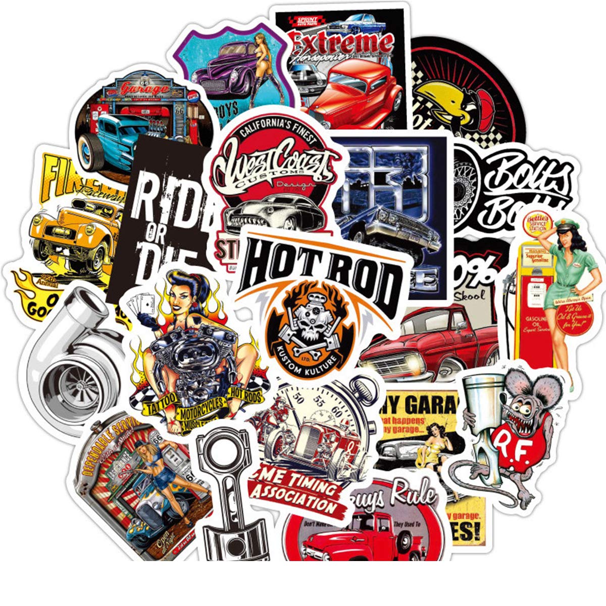 50 PCS Hot Rod Classic Car Vinyl Stickers - Waterproof Decals for Laptop, Scrapbook, Motorcycle, Bicycle & Luggage - Durable Decorative Stickers for Car Enthusiasts & DIY Projects