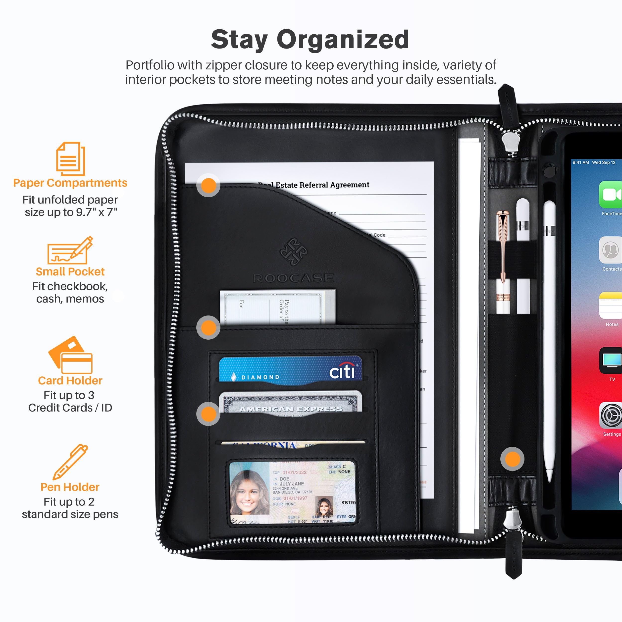 ROOCASE Wilshire Executive Portfolio - Premium Magnetic Leather Case for iPad Air 10.5 (3rd Gen 2019) & iPad Pro 10.5 (2017) with Built-in Organizer & Apple Pencil Holder - Perfect for Business Professionals & Office Use (Black)