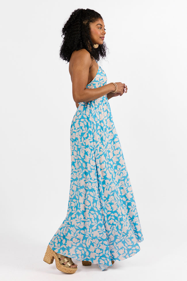 Golden Days Blue Halter Neck Printed Maxi Dress - Floral Summer Beach Dress for Women | Perfect for Vacation, Pool Party & Boho Outfit