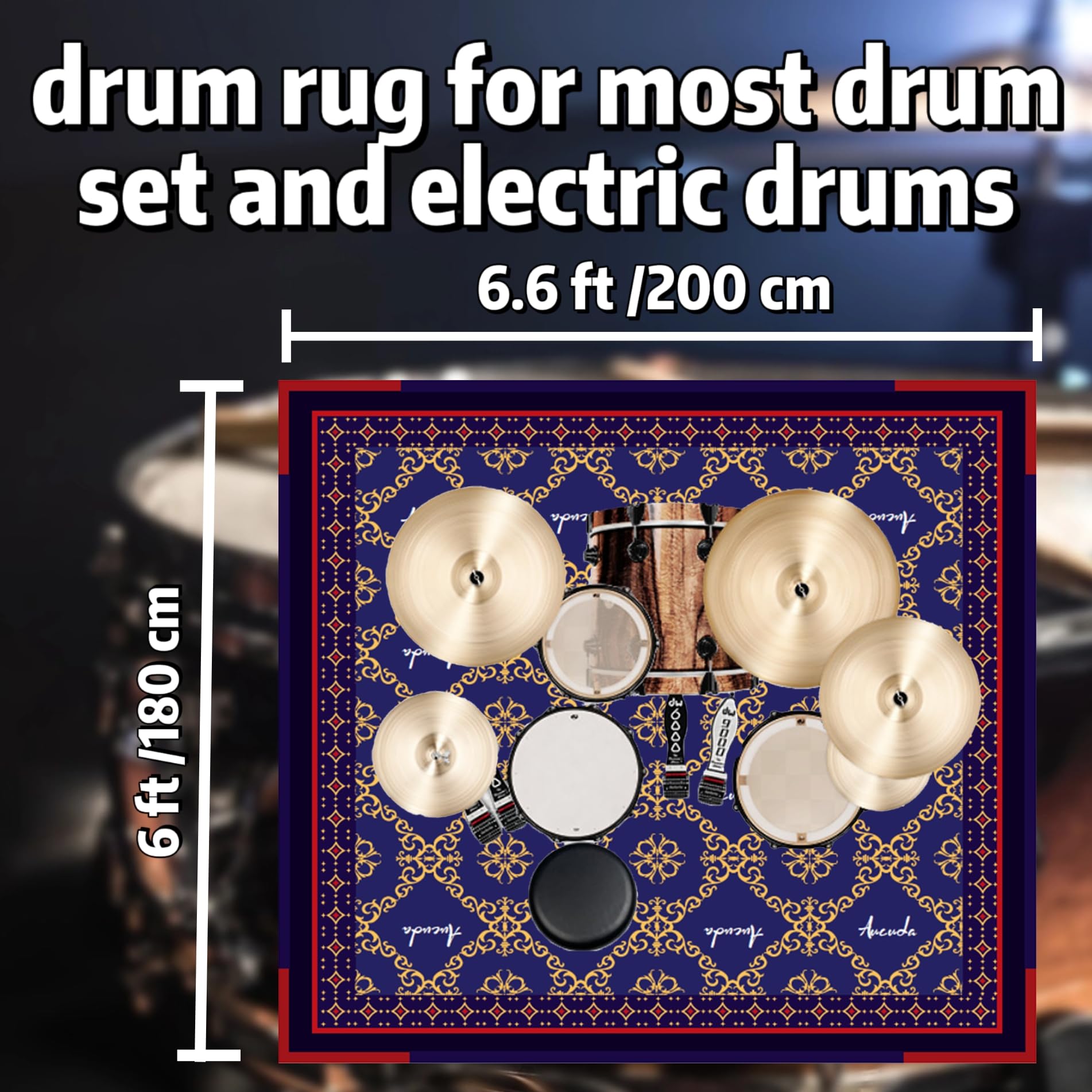 Aucuda 6x6.6 ft Blue Drum Rug - Non-Slip Woven Drum Mat for Electric Drum Set, Studio & Apartment - Soundproof Floor Carpet for Guitar & Music Practice - Perfect for Indoor/Outdoor Use