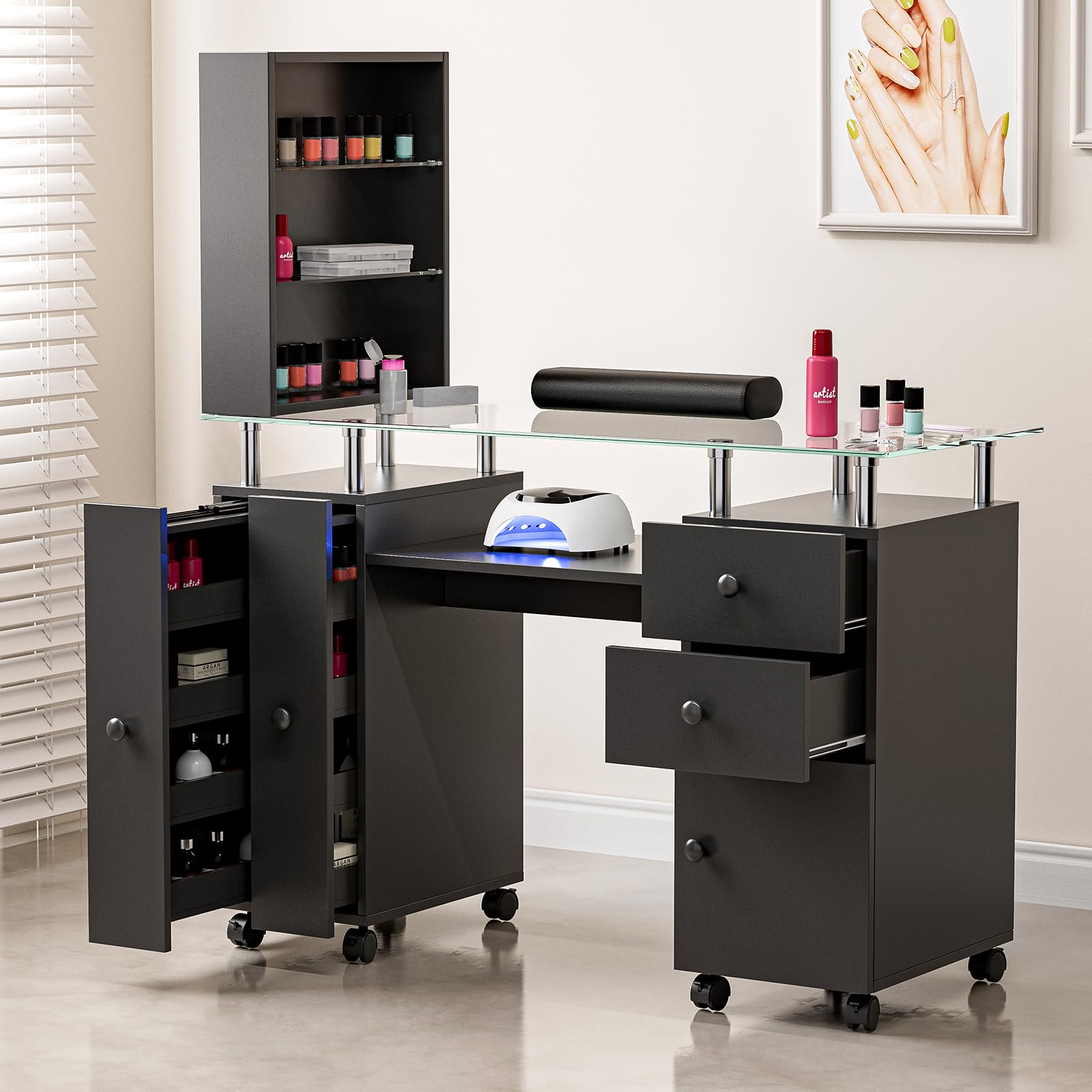 Professional Manicure Table with Tempered Glass Top - Acrylic Nail Tech Station with Storage Drawers, Open Shelves & Wrist Rest | Mobile Beauty Salon Furniture with Locking Wheels for Nail Artists & Home Use (Black) - Perfect for Nail Salons, Home Studios & Mobile Beauty Services