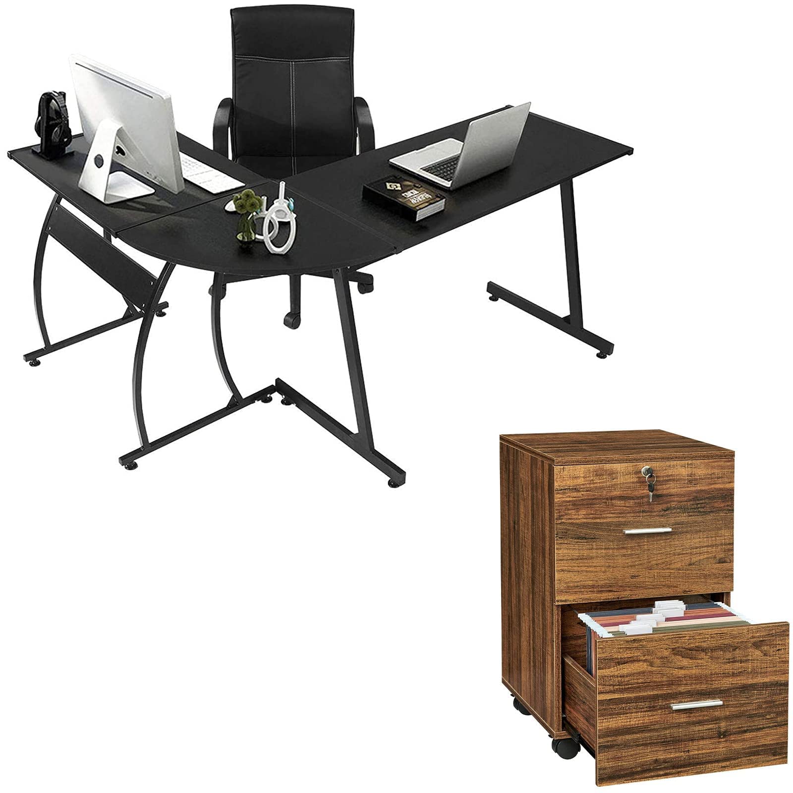 GreenForest 58.1 Inch L-Shaped Gaming Desk with Locking 2-Drawer Wooden File Cabinet & Rolling Storage - Perfect for Home Office, Gaming Setup, and Workspace Organization