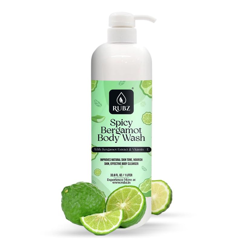 Rubz Spicy Bergamot Body Wash - Glycerin Enriched, Long-Lasting Fragrance | Soap-Free, Paraben-Free & SLS-Free Shower Gel for Women & Men (1L) | Perfect for Daily Use, Sensitive Skin & Aromatherapy Relaxation