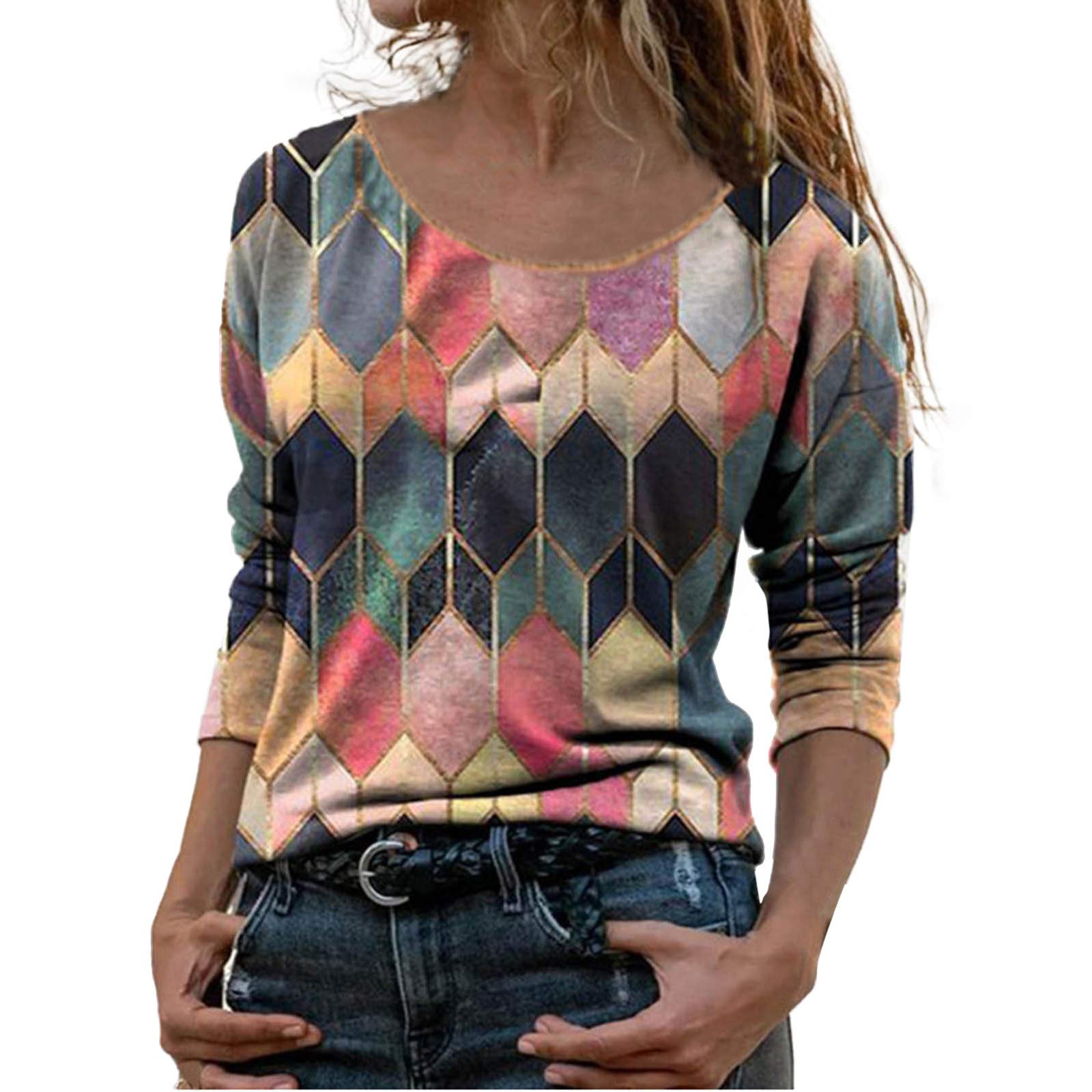 Vintage Patchwork Print Long Sleeve Blouse for Women - Retro Round Neck Shirt Top - Perfect for Casual Outings, Office Wear & Fall Fashion