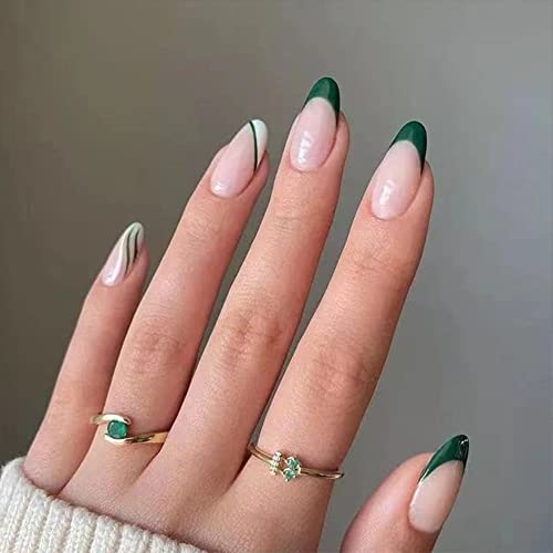 24pcs Almond Press on Nails - French Glossy Full Cover False Nails with Green Swirl Design, Medium Length Acrylic Fake Nails with Glue - Perfect for Women & Girls - Great for Parties, Weddings, and Everyday Wear