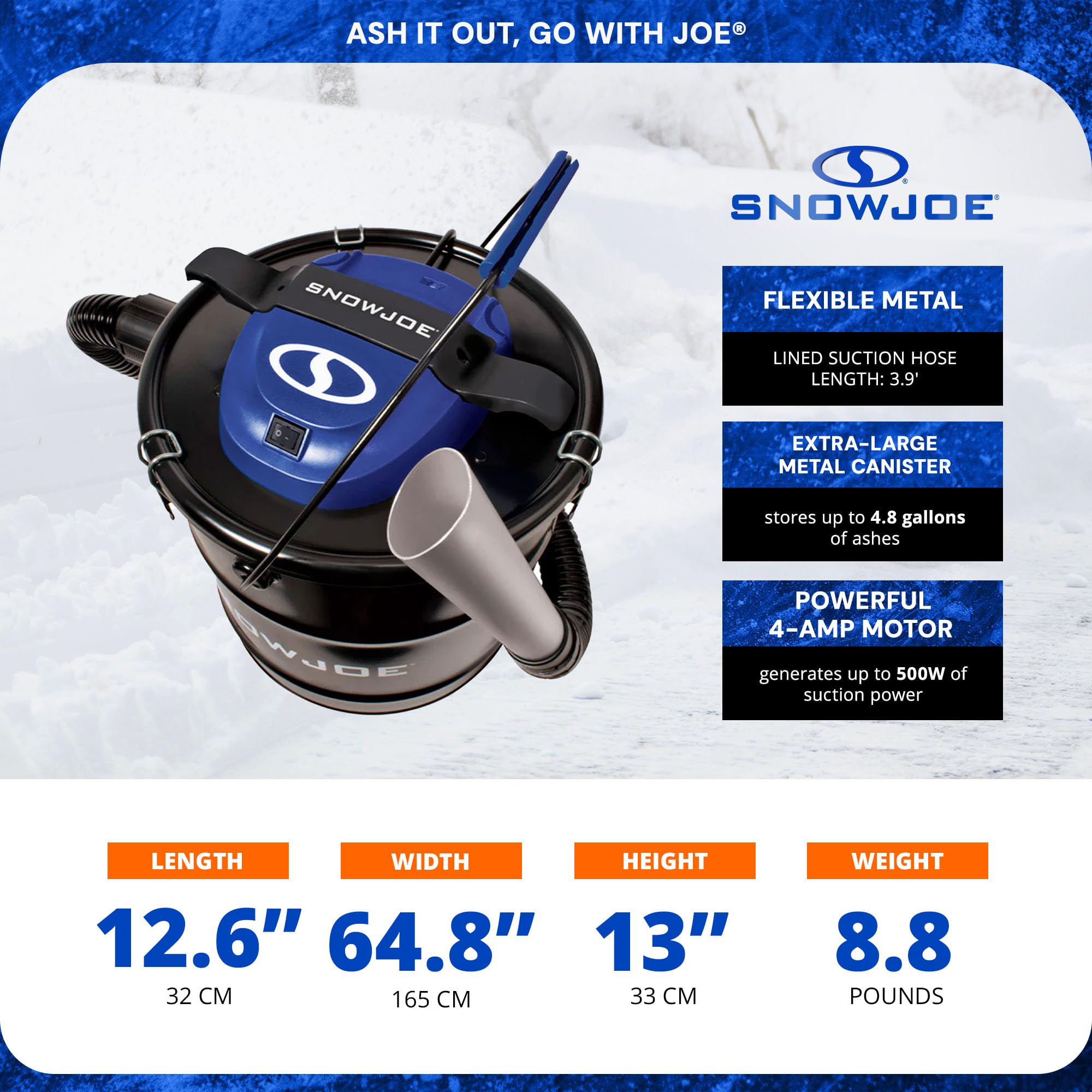 Snow Joe ASHJ201 4.8 Gallon Bagless Ash Vacuum Cleaner | Metal Canister Fireplace Cleaner | Black | Ideal for Fireplace, Wood Stove & BBQ Grill Ash Removal