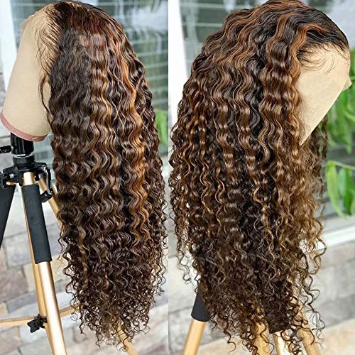 13x6 HD Transparent Lace Front Wig - Brazilian Remy Human Hair Ombre #4/27 Color Curly Wig with Pre-Plucked Natural Hairline | 150% Density 16inch Glueless Lace Wig for Black Women | Perfect for Daily Wear, Cosplay & Special Occasions