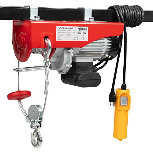 TUFFIOM 120V 1320 LBS Electric Hoist Crane with Wireless Remote Control - Carbon Steel Overhead Ceiling Mount Winch for Garage, Workshop & Construction - Single/Double Slings Heavy Lifting Solution