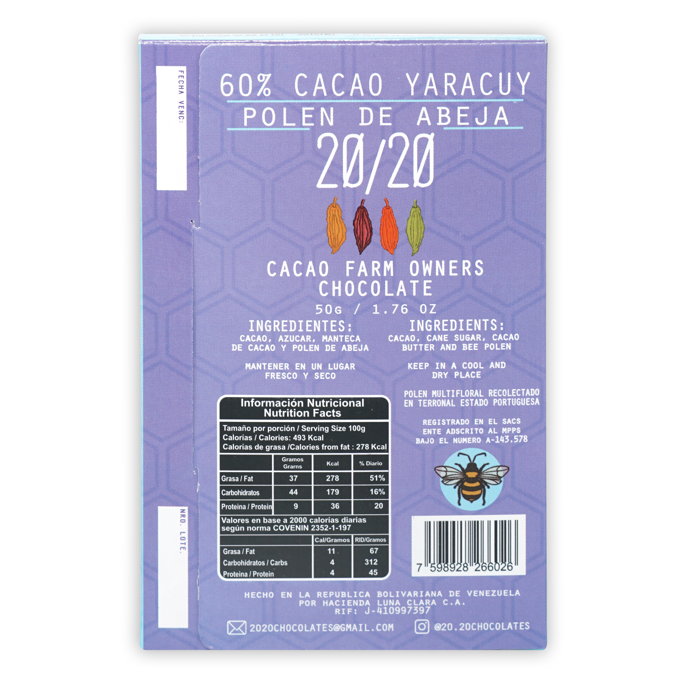 20/20 Dark Chocolate with Bee Pollen 60% Cocoa - Healthy Antioxidant Snack for Energy Boost & Wellness | Perfect for Gifts, Office Treats & Self-Care Moments