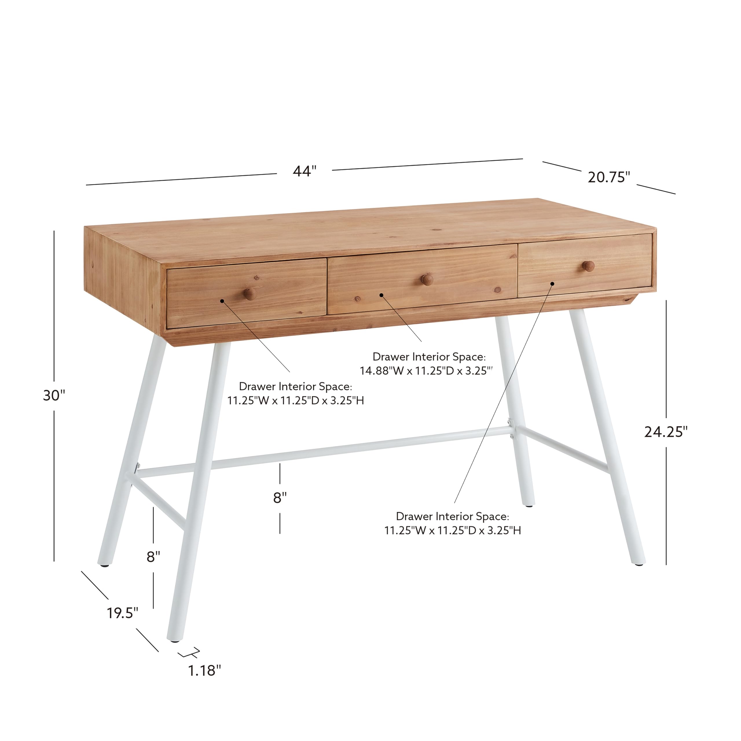 Linon Wood and Metal 3-Drawer Writing Desk in Natural & White - Stylish Home Office Furniture for Small Spaces, Dorm Rooms & Workspaces