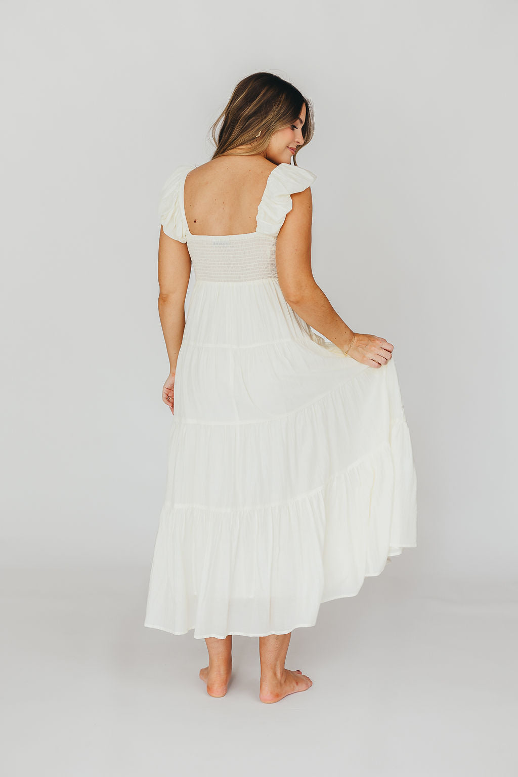 Katy Pleated Bodice Midi Dress in Cream | Bump Friendly Maternity Dress | Perfect for Baby Showers, Weddings & Special Occasions