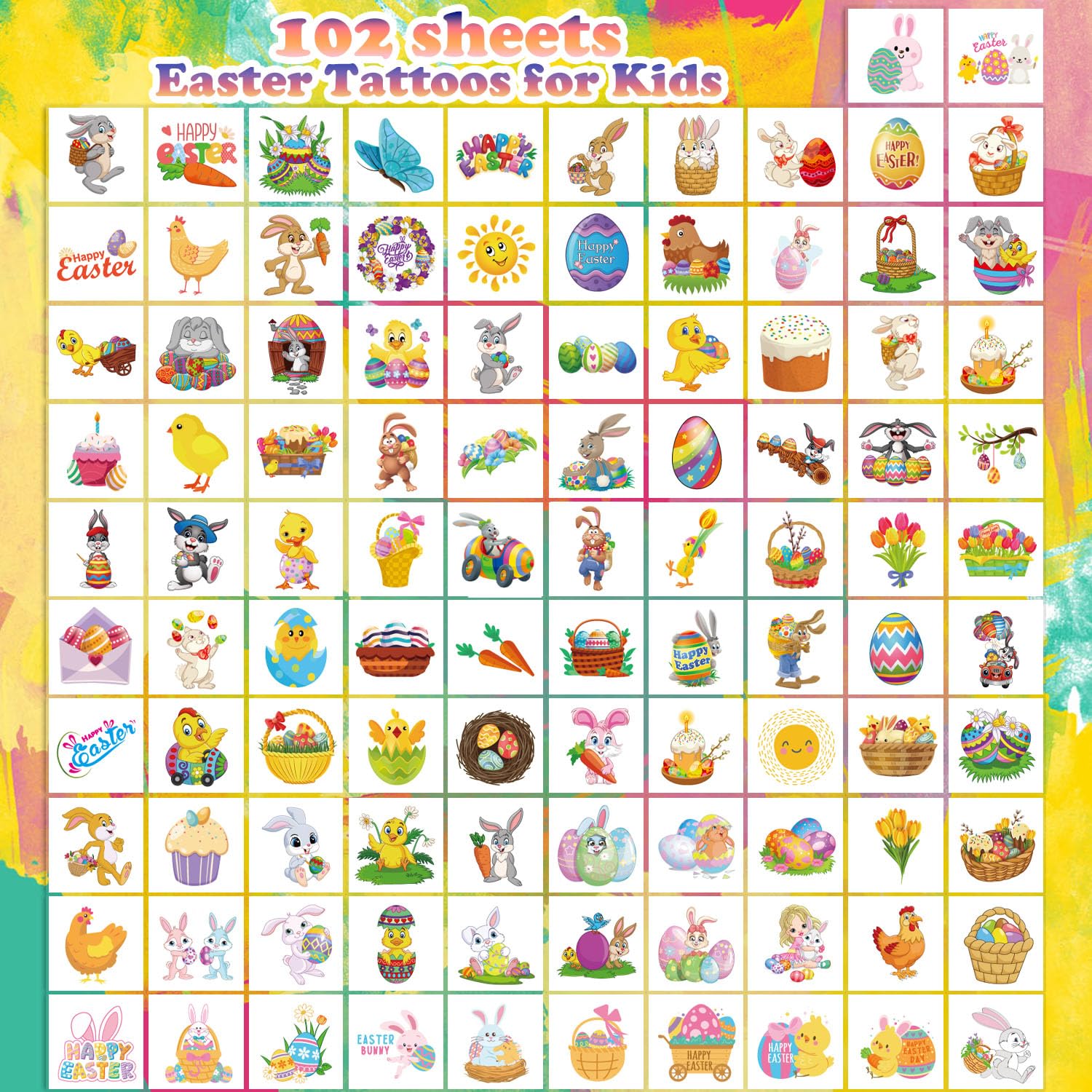 102-Piece Easter Temporary Tattoos for Kids - Bunny, Chick & Egg Designs - Safe, Non-Toxic Body Art Stickers for Boys & Girls - Perfect for Easter Parties, Egg Hunts & Spring Celebrations