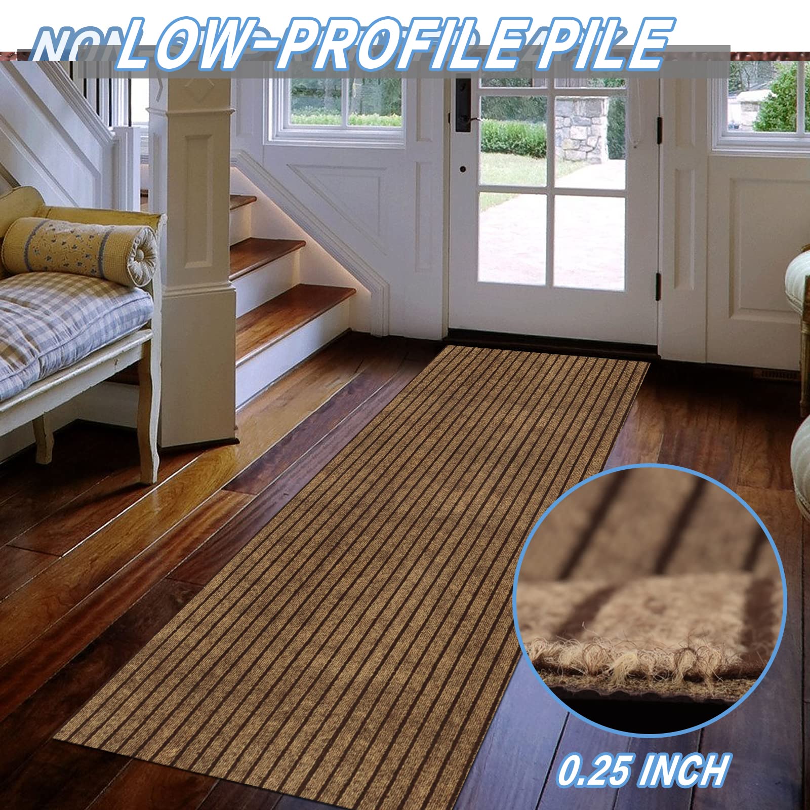 FREADEM Runner Rugs 2' x 29' Non-Slip Indoor Outdoor Carpet Runner - Brown Stripe Area Rug with Rubber Backing for Hallway, Balcony, Garage, Entryway, Stairs | Perfect for Home Decor, High Traffic Areas & Commercial Spaces