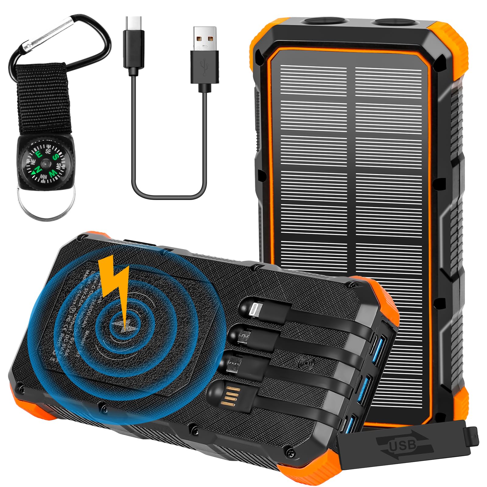 26800mAh Solar Power Bank with 15W Fast Charging & 4 Outputs - Portable External Battery for Smartphones, Tablets, Camping, Hiking & Outdoor Adventures (Orange)