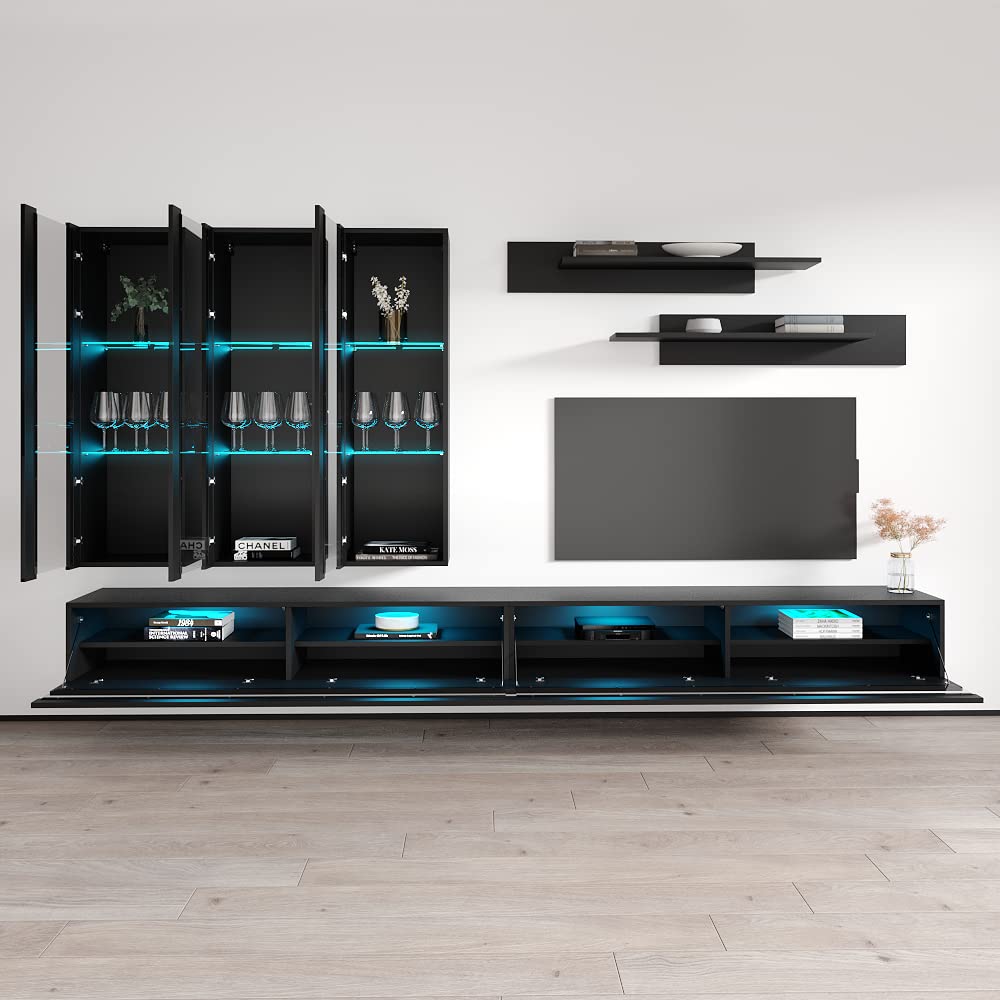 Modern Floating TV Stand with Storage & LED Lights - Wall-Mounted Entertainment Center for Bedroom & Living Room - Black E3 35TV Console with Shelves - Perfect for Small Spaces & Home Theater Setup