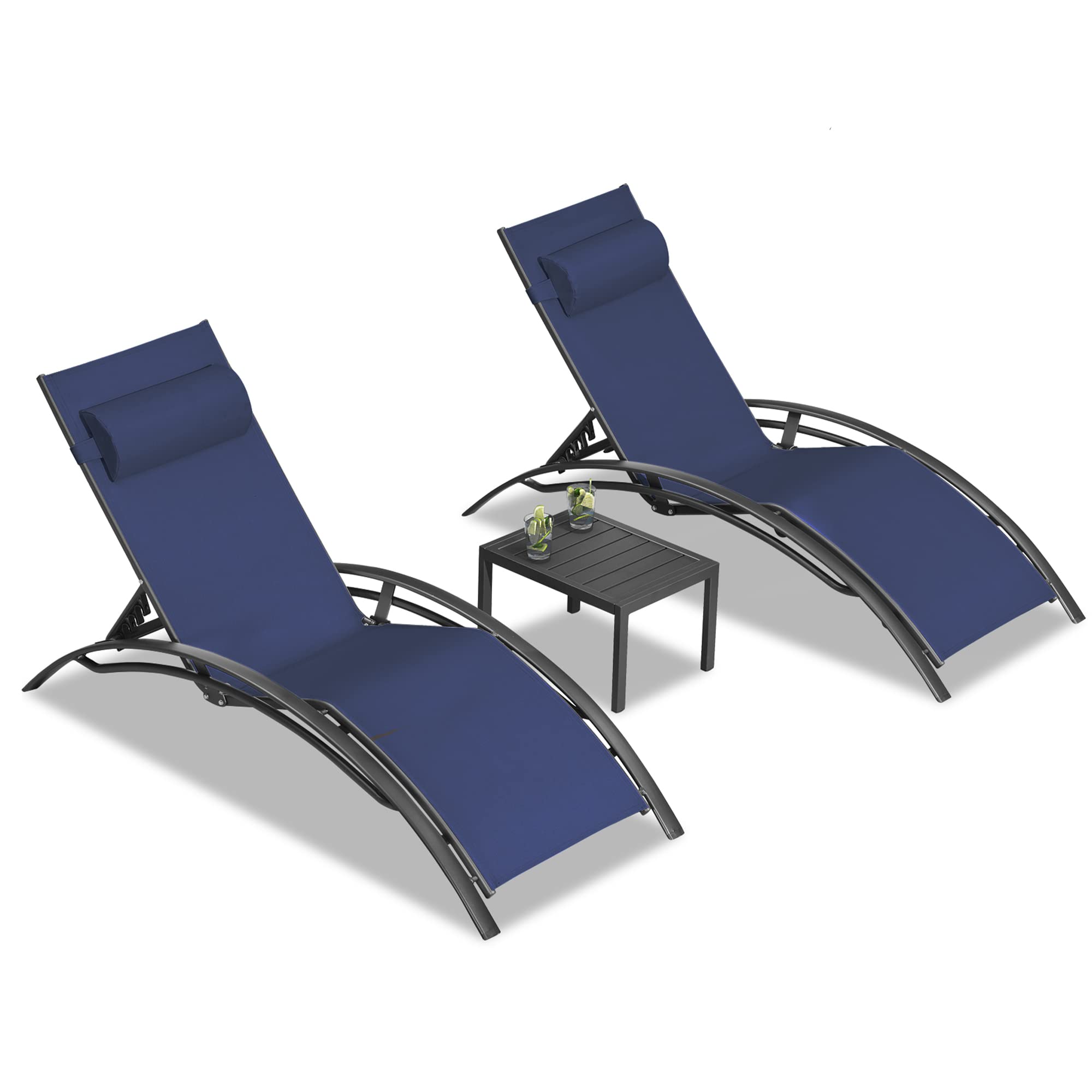 PURPLE LEAF Outdoor Chaise Lounge Set - All-Weather Poolside & Beach Sunbathing Chair with Side Table - Navy Blue Patio Furniture for Backyard, Garden & Tanning