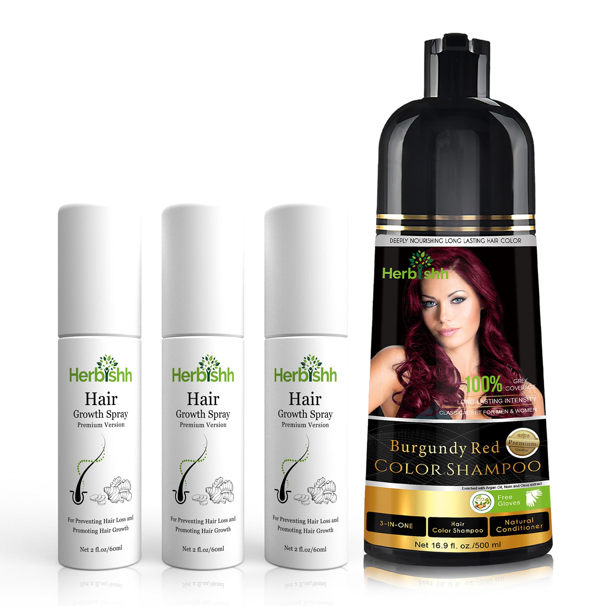 Herbishh Burgundy Hair Color Shampoo for Gray Hair - 500ml with Hair Serum Trio Set | Vegan, Lightweight Thickening Formula | At-Home Hair Treatment for Women & Men | Perfect for Daily Use & Salon-Like Results