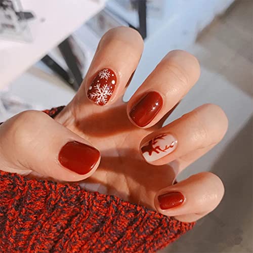 Christmas Press On Nails - 24PCS Glossy Short Fake Nails with Snowflake & Elk Designs, Full Cover Acrylic False Nails Kit with Glue for Women & Girls - Perfect for Holiday Parties & Gift Giving