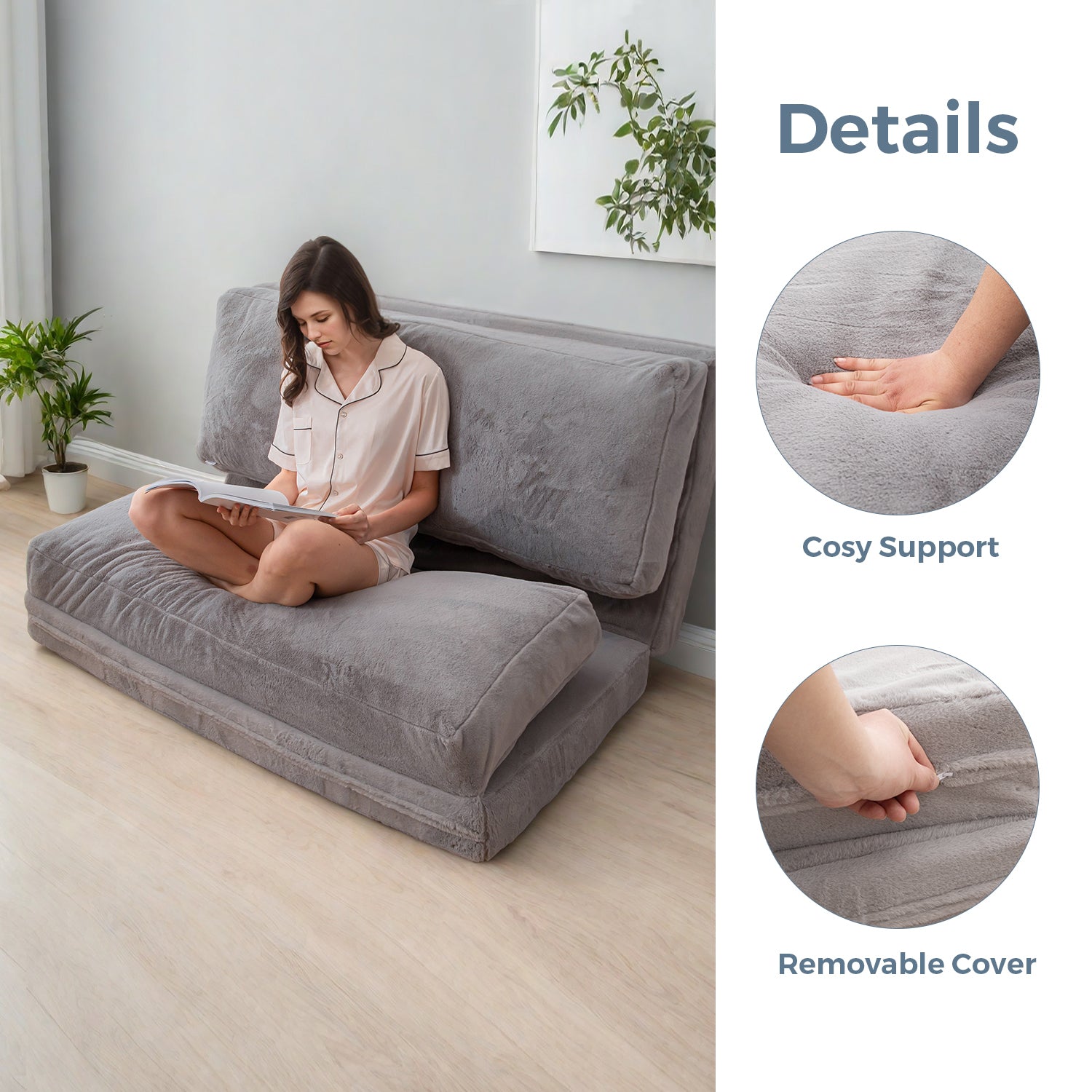 MAXYOYO Bean Bag Folding Sofa Bed - Extra Thick Floor Mattress with Washable Faux Fur Cover | Perfect for Living Room, Bedroom, Dorm & Game Room Lounging