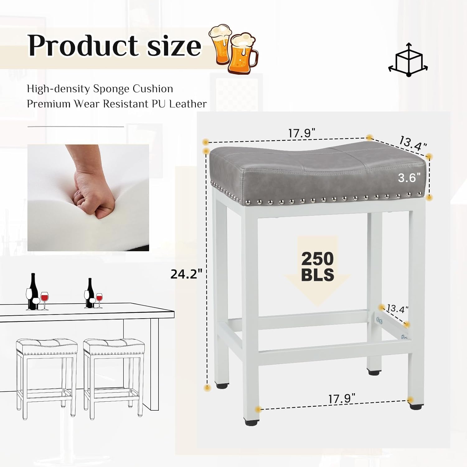DUMOS 24 Inch Counter Height Bar Stools Set of 4 - Modern Upholstered Kitchen Stools with Metal Base & PU Leather Seat - Grey - Perfect for Kitchen Island, Breakfast Bar, and Dining Room