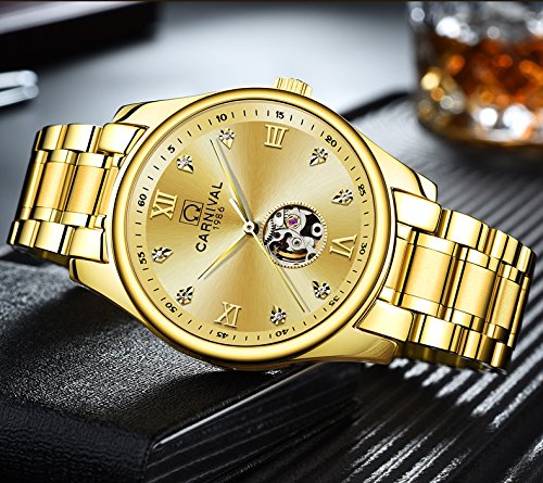 MASTOP Men's Automatic Skeleton Watch with Crystal Dial - Stainless Steel Two-Tone Mechanical Watch for Business, Casual & Formal Wear | Water Resistant & Durable