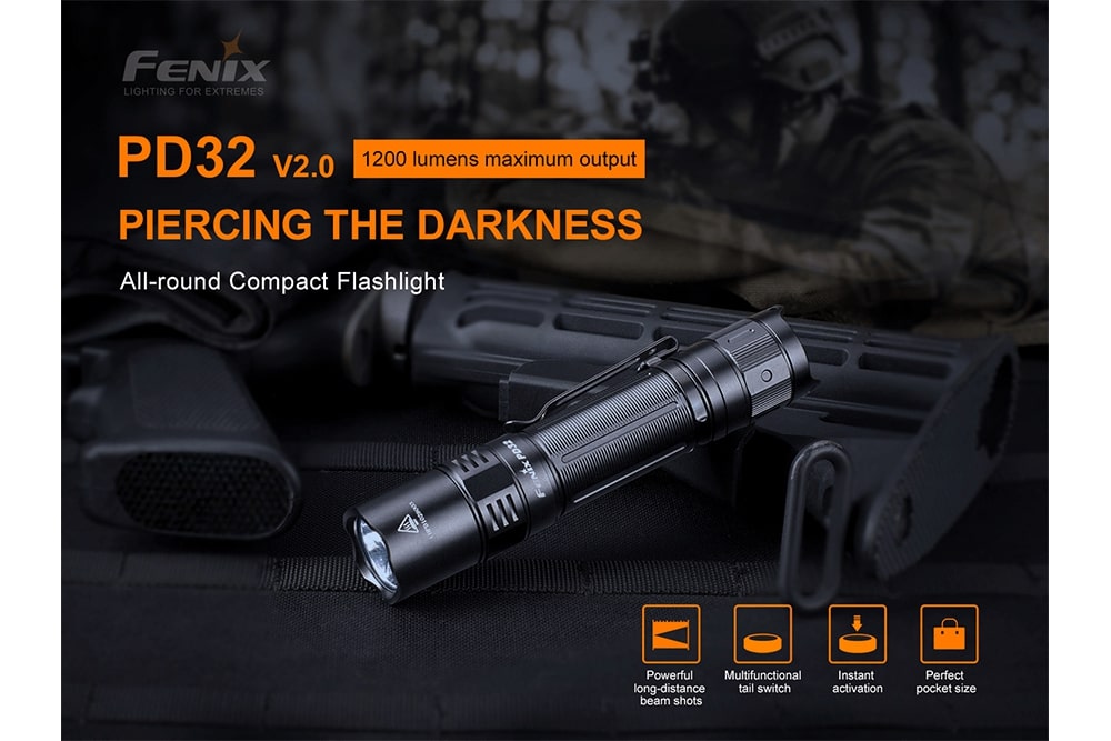 Fenix PD32 V2.0 LED Flashlight - 1000 Lumens, Rechargeable, Compact Tactical Light for Camping, Hiking & Emergency Use