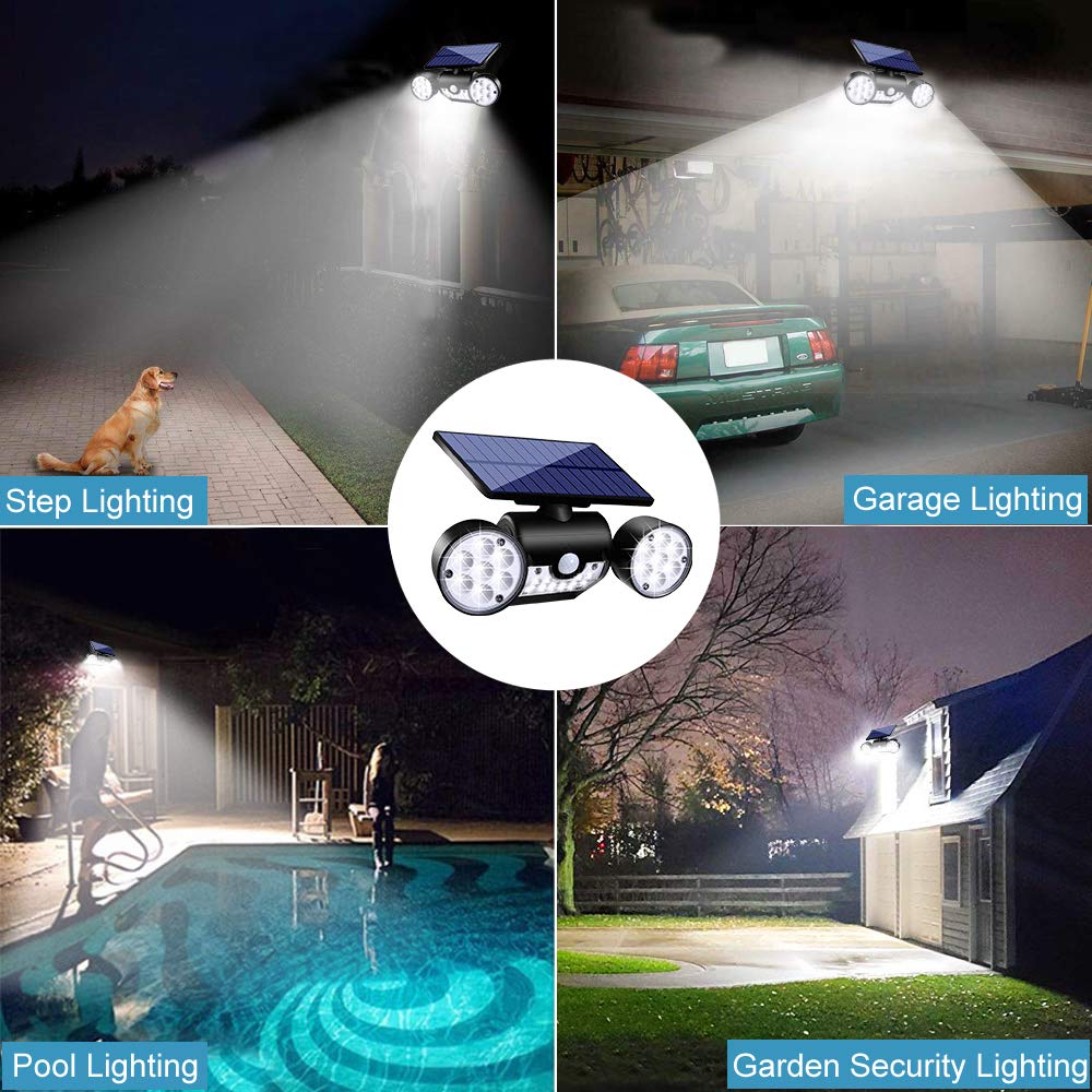 Solar Powered Outdoor Security Lights with Motion Sensor - Dual Head LED Spotlights, Waterproof & 360° Adjustable for Garden, Garage, Patio (1 Pack) - Perfect for Nighttime Safety & Landscape Lighting