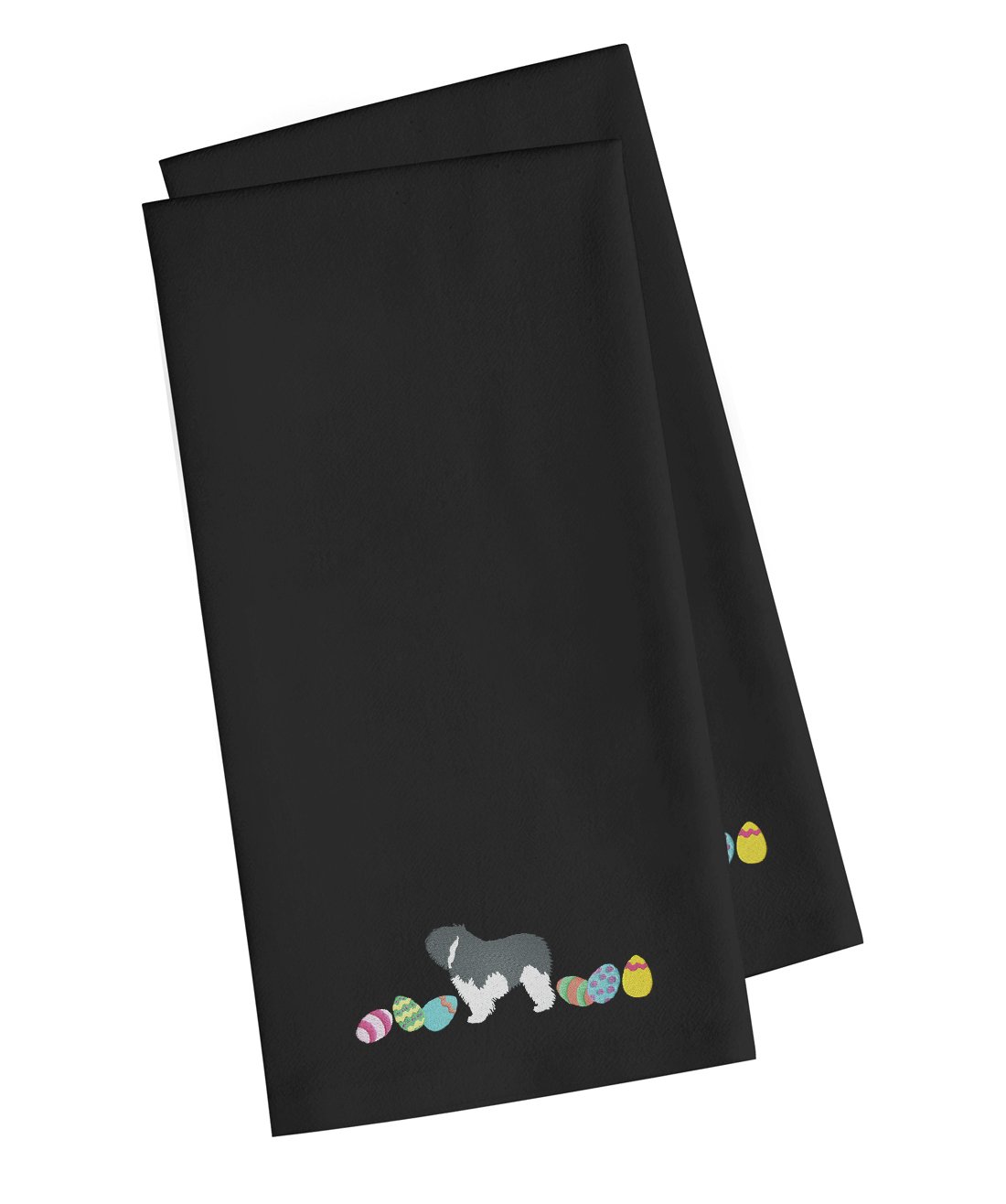 Polish Lowland Sheepdog Easter Black Embroidered Towel Set of 2 | Decorative Bathroom & Kitchen Hand Towels | 19x25 Inches | Soft Absorbent for Hands, Face, Dishes | Perfect for Easter Decor, Guest Bathrooms & Tea Parties