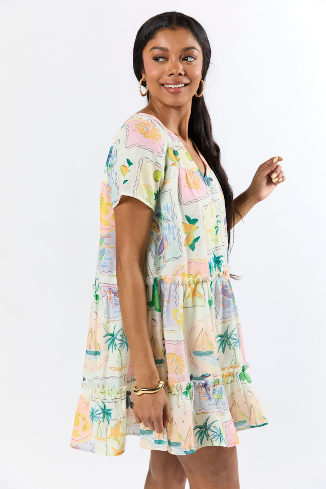 Hanging Loose Multi Icon Print Shirt Dress - Women's Casual Summer T-Shirt Dress for Beach, Vacation & Everyday Wear | Final Sale