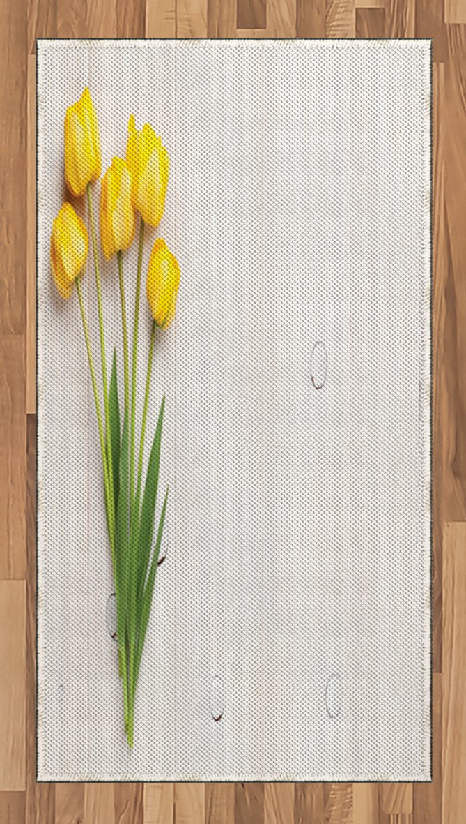 Ambesonne Yellow Area Rug - Colorful Tulips on Rustic White Wooden Board, Spring Themed Flat Woven Accent Rug 2'6