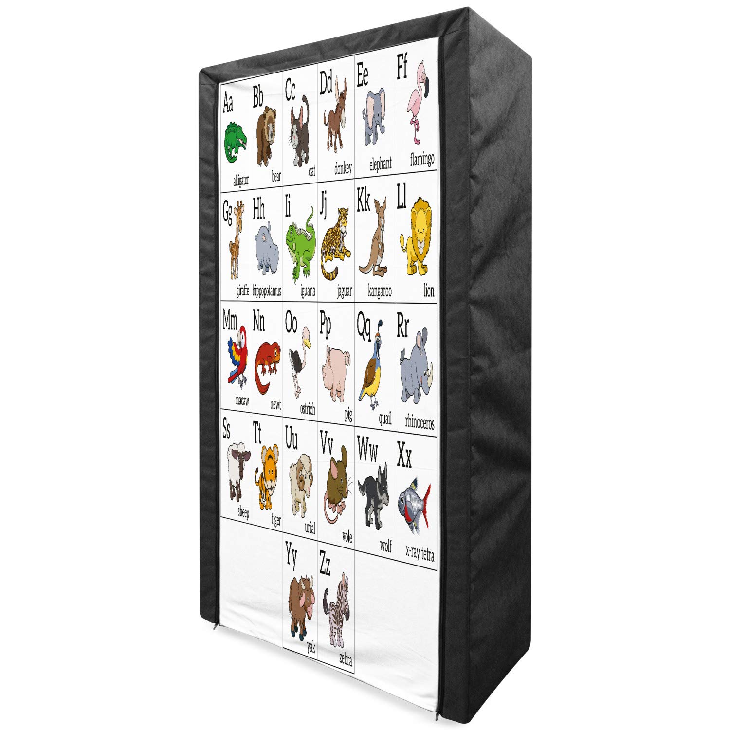 Ambesonne ABC Portable Fabric Wardrobe with Alphabet Learning Chart - Cartoon Animals & Letter Print Clothing Organizer - 33.5 Inch Multicolor Storage Closet with Shelves for Kids' Room, Nursery, or Classroom Organization