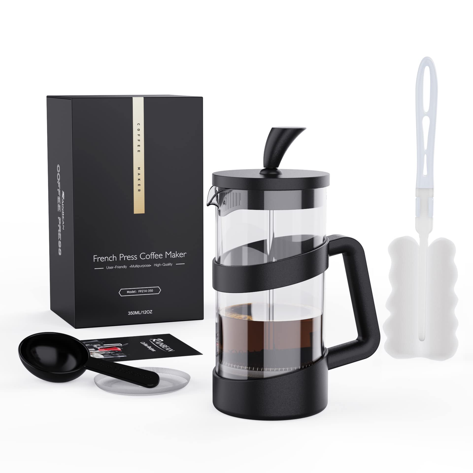 RAINBEAN Mini French Press Coffee Maker 12 oz (350ml) - Portable Travel & Camping Coffee Brewer, Compact Stainless Steel French Press for Hot & Iced Coffee, Tea & Frothed Milk - Perfect for Home, Office & Outdoor Adventures (Black)