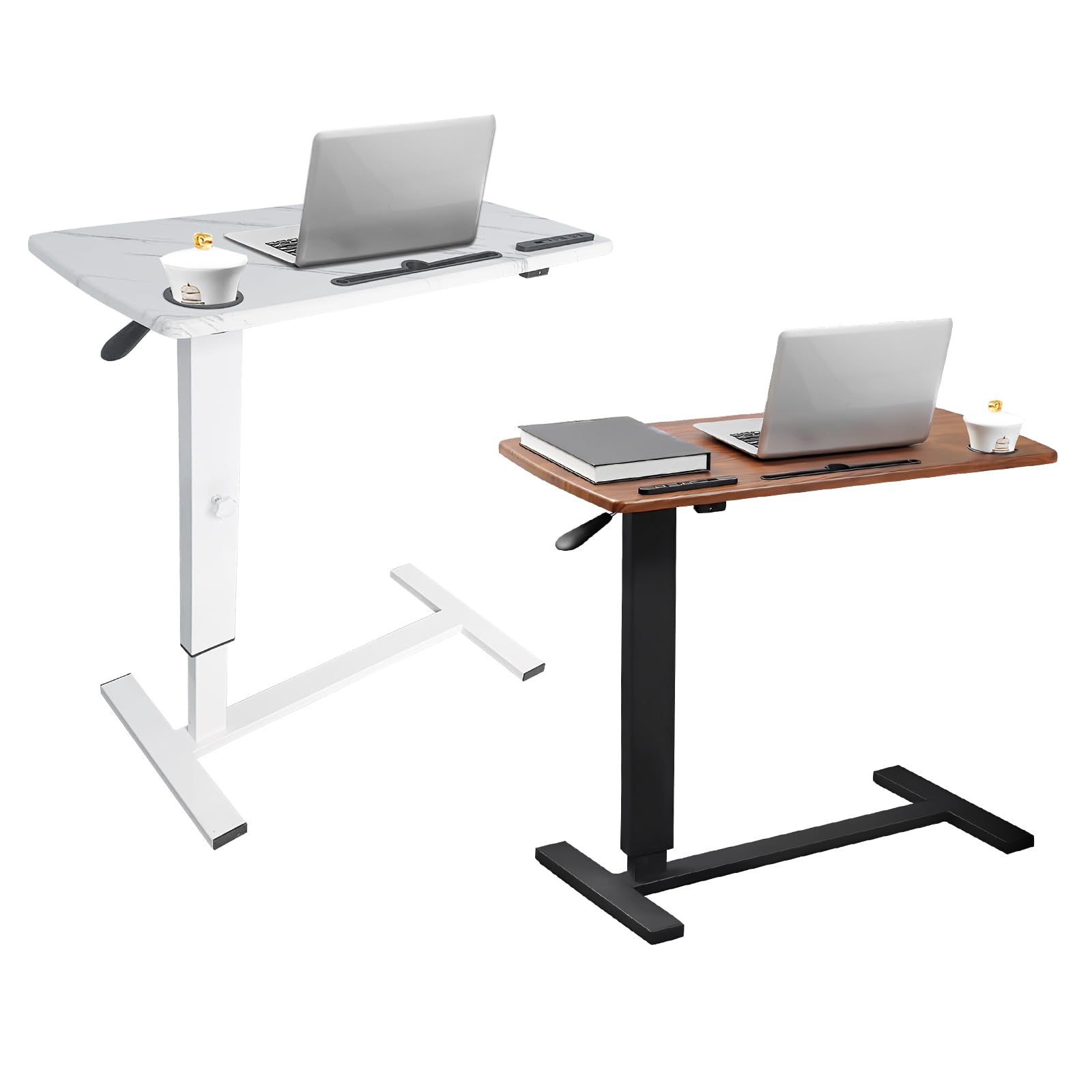 Adjustable Overbed Table with Wheels & USB Port - Hospital Bed Table, Pneumatic Height Adjustable for Home & Medical Use - Walnut & Marble White Finish - Perfect for Eating, Working, Reading in Bed or Recovery
