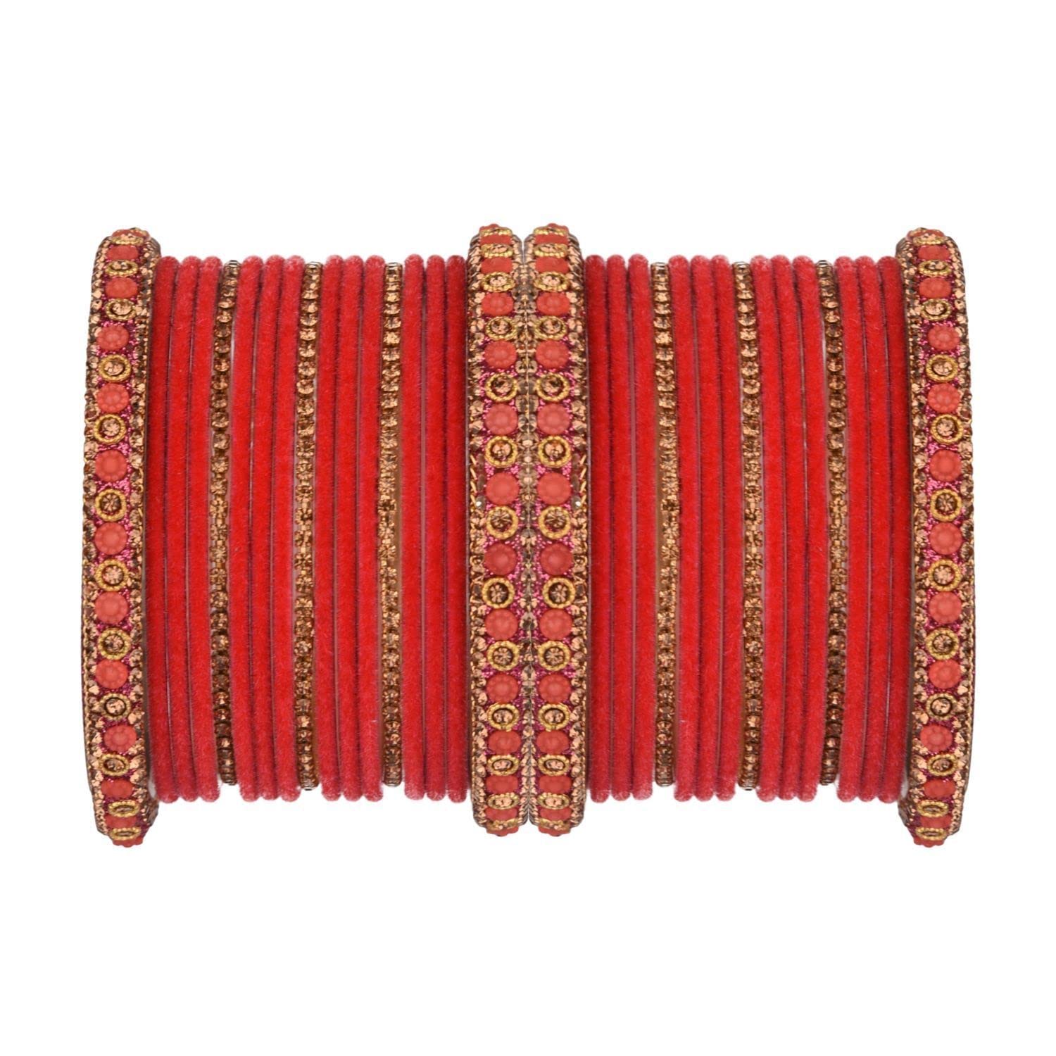 Elegant Boho Velvet Bangle Set with CZ Crystal Rhinestones - Indian Inspired Wedding Bracelet Jewelry for Women | Perfect for Bridal Accessories, Festivals & Special Occasions