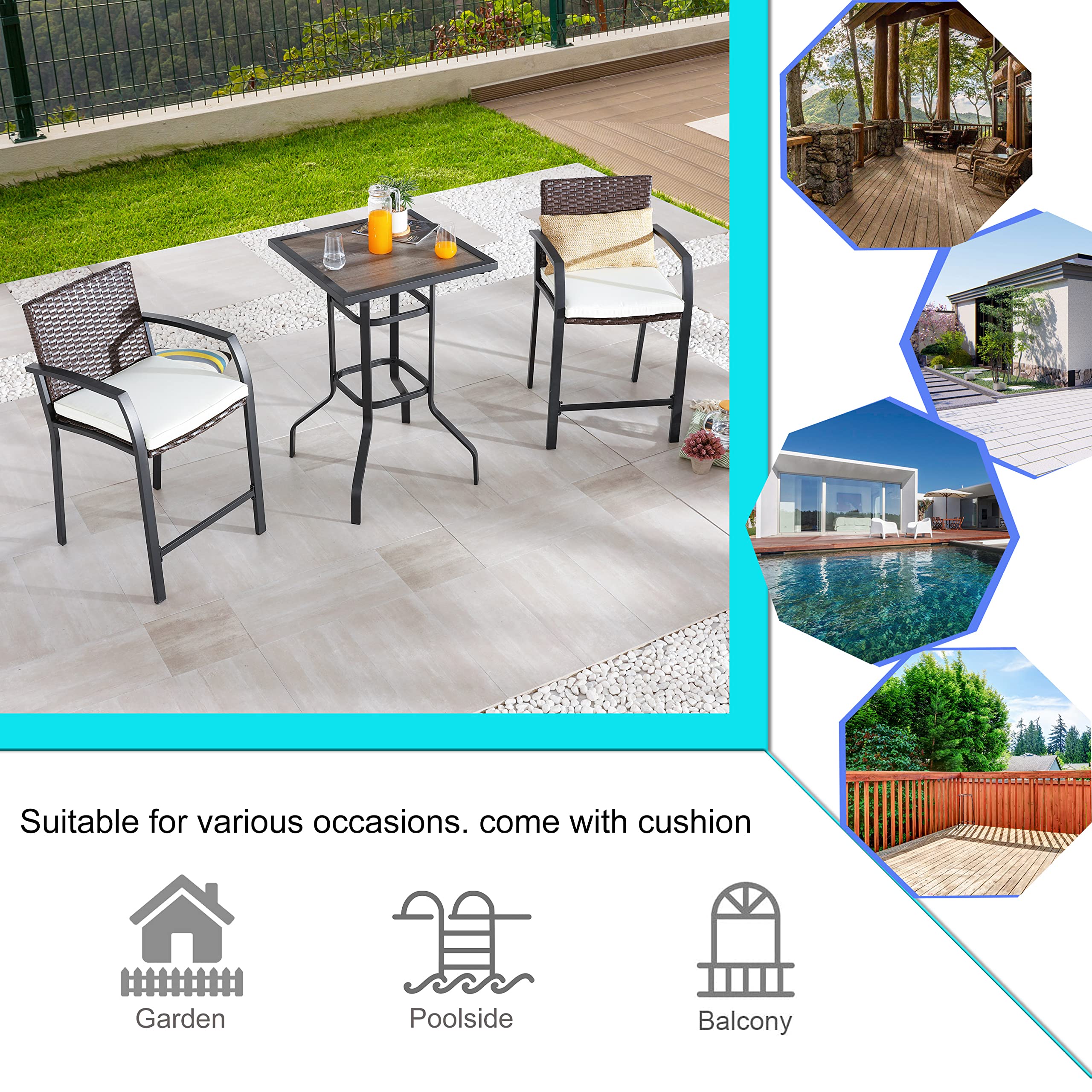 LOKATSE HOME 3-Piece Outdoor Patio Bar Set - Wicker Bar Stools with High Top Square Table - Weather-Resistant White Conversation Furniture for Backyard, Poolside & Garden Dining