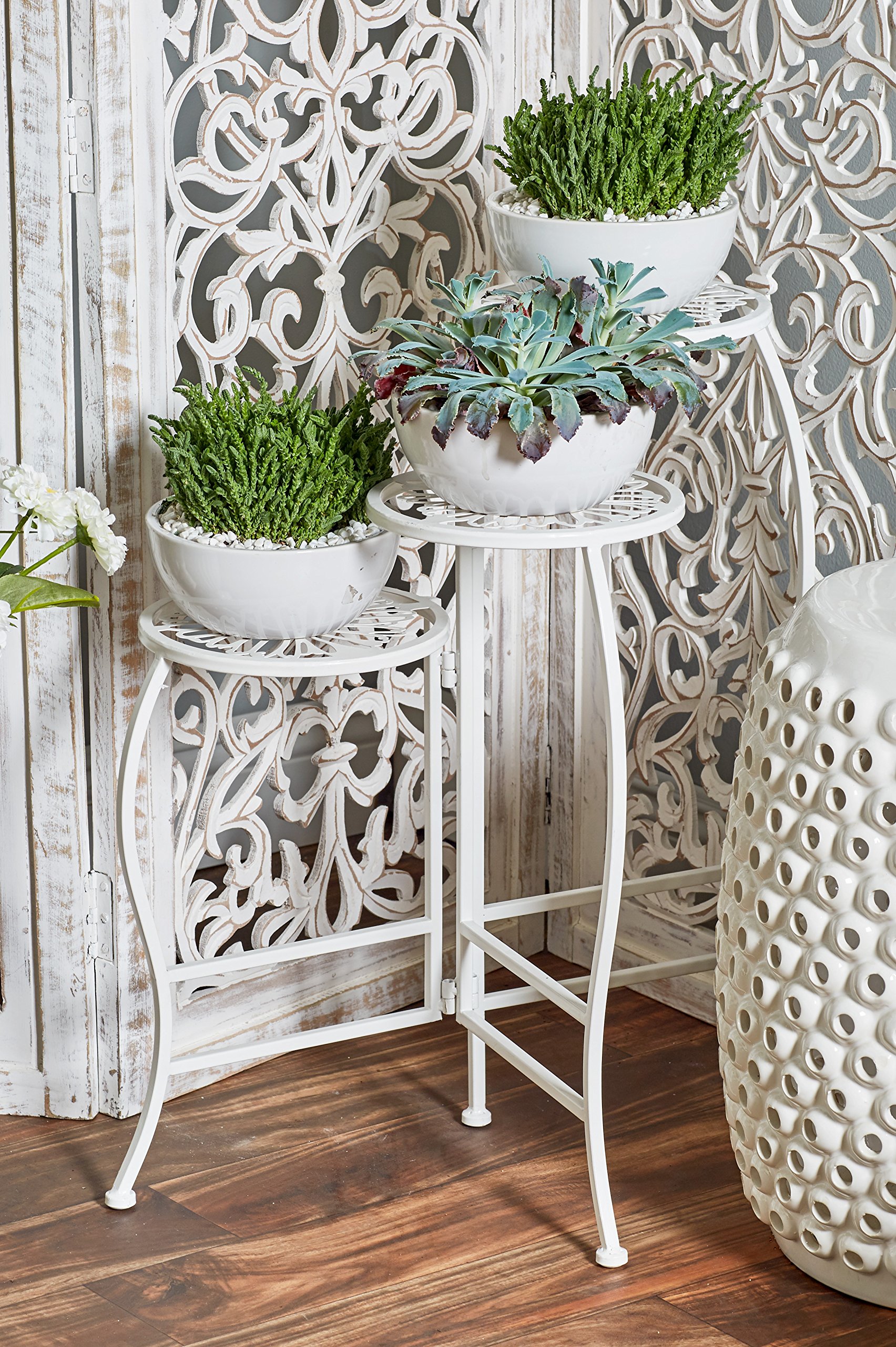 Deco 79 White 3-Tier Metal Floral Plant Stand Shelf - 21x15x24 Inches for Indoor & Outdoor Use - Perfect for Patio, Garden, Living Room & Balcony Decor