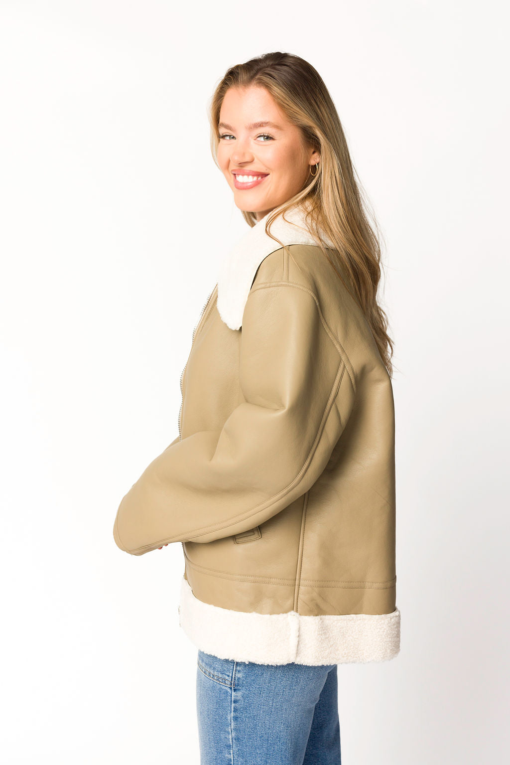 Sammy Vegan Leather & Shearling Jacket for Women - Sandstone Color, Winter Warm Coat, Faux Fur Lined, Stylish Outerwear for Casual Outings & Cold Weather Fashion