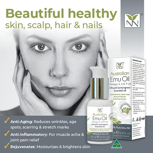 100% Pure Pharmaceutical Grade Emu Oil with Lemongrass Essential Oil - 60ml Bottle for Skin Care, Hair Growth & Pain Relief - Natural Moisturizer for Dry Skin, Eczema & Joint Pain
