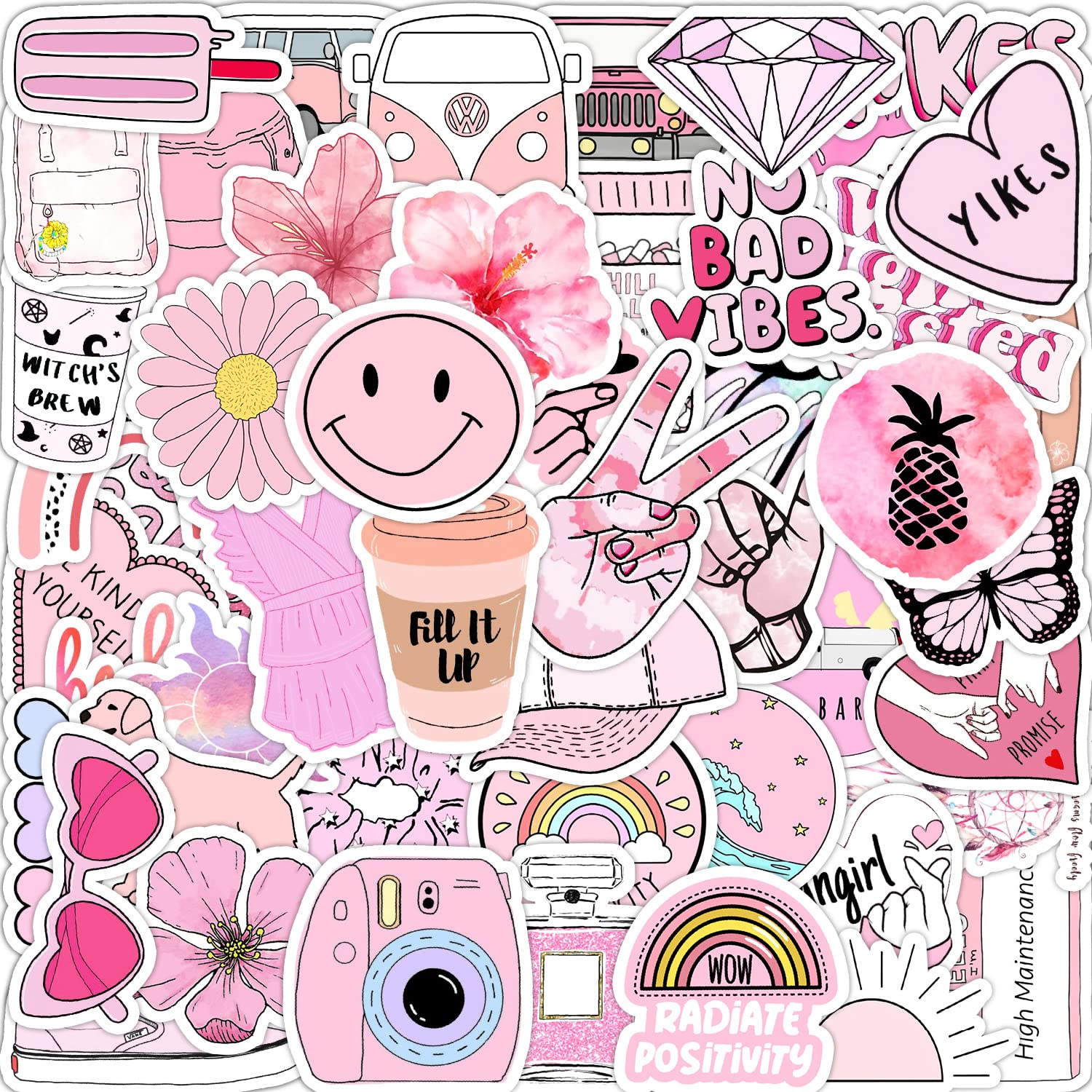 Cute Waterproof Stickers for Water Bottles, Laptops, Tablets, Phones, Skateboards & Travel Cases - Fun Decorative Sticker Pack for Adults, Teens & Kids (Pink Design) | Perfect for Personalizing School Supplies, Gym Bottles & Tech Accessories