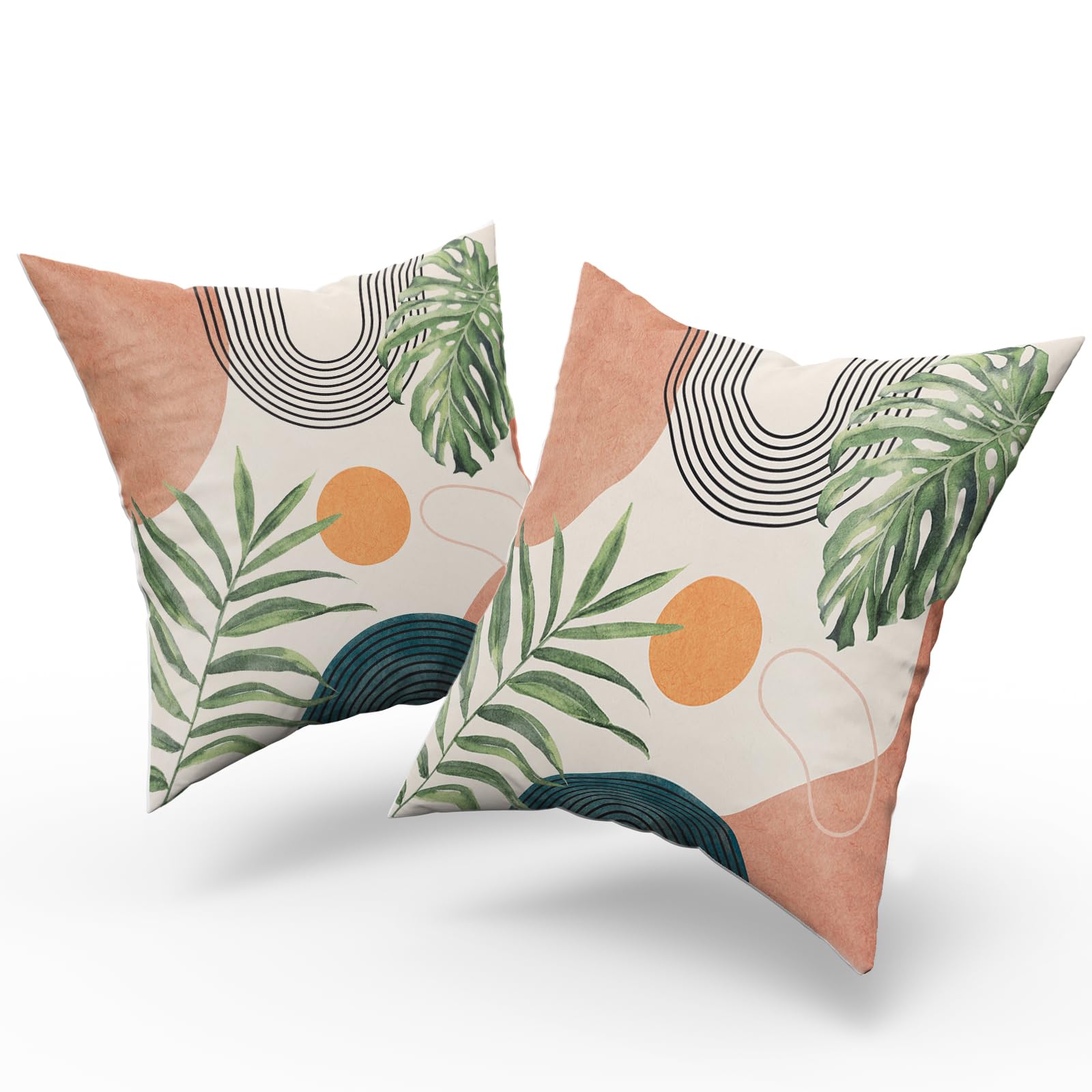 Boho Outdoor Throw Pillow Covers 18x18 Set of 2 - Abstract Art Bohemian Geometric Leaf Pillow Covers in Beige & Orange, Mid Century Modern Style Decor for Bed, Sofa, Living Room & Patio