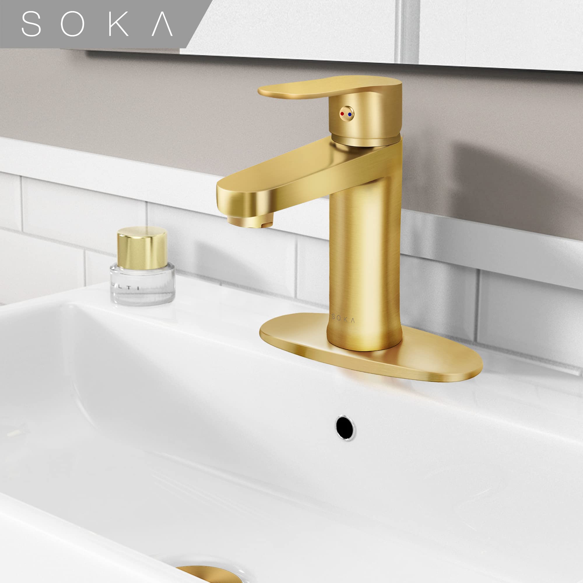 Gold Stainless Steel Bathroom Sink Faucet with Pop-up Drain Stopper & Deck Plate - Single Handle 1 or 3 Hole Installation - Perfect for Modern Bathroom Vanities & Powder Rooms