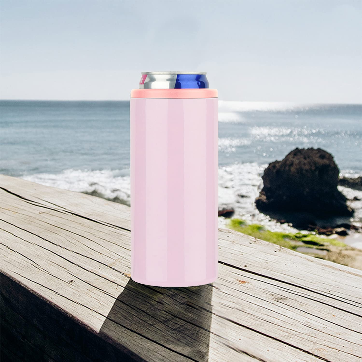 12 Oz Slim Can Cooler with Reusable Straw - Double-Walled Vacuum Insulated Stainless Steel Beer & Soda Holder - Perfect for Energy Drinks, Iced Coffee & Outdoor Parties