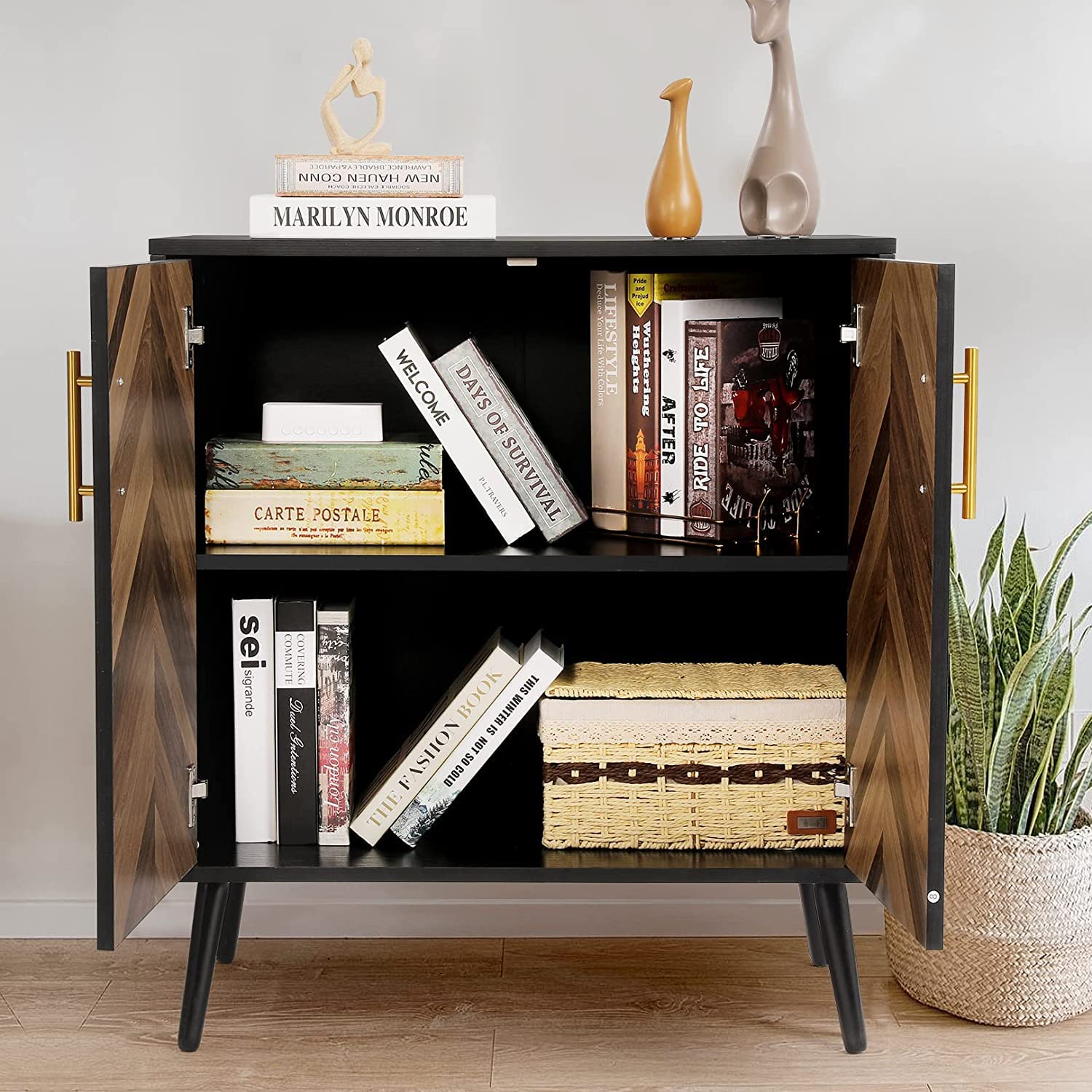 Mid Century Modern Black Accent Cabinet with Doors & Storage Shelves - Small Wood Sideboard Buffet Cabinet for Living Room, Entryway, Office - Brown Herringbone Design - Perfect for Home Decor & Storage Solutions