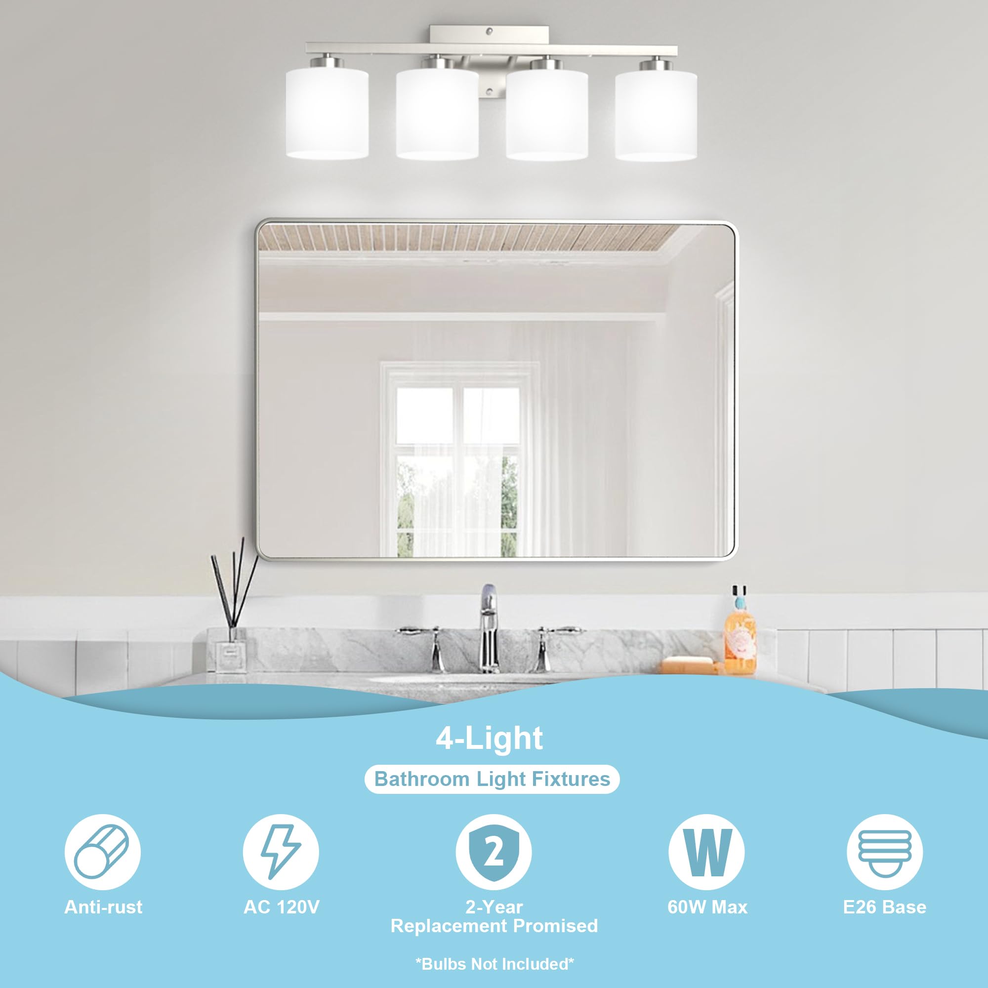 Modern 4-Light Bathroom Vanity Light Fixture - Brushed Nickel Finish with Frosted Shade & Anti-Rust Coating, E26 Base - Perfect for Bathroom, Powder Room & Dressing Area Lighting