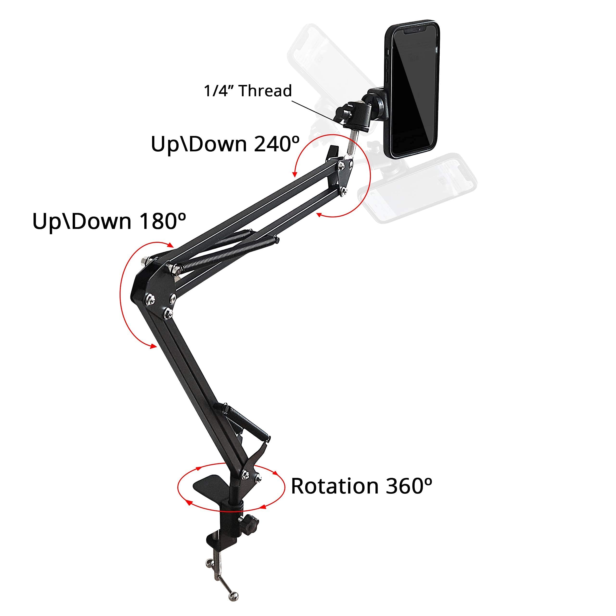 Flexible Overhead Phone Stand with Clamp - Adjustable Arm Mount for Live Streaming, Webcam, Video Recording - Perfect for TikTok, YouTube & Zoom Meetings
