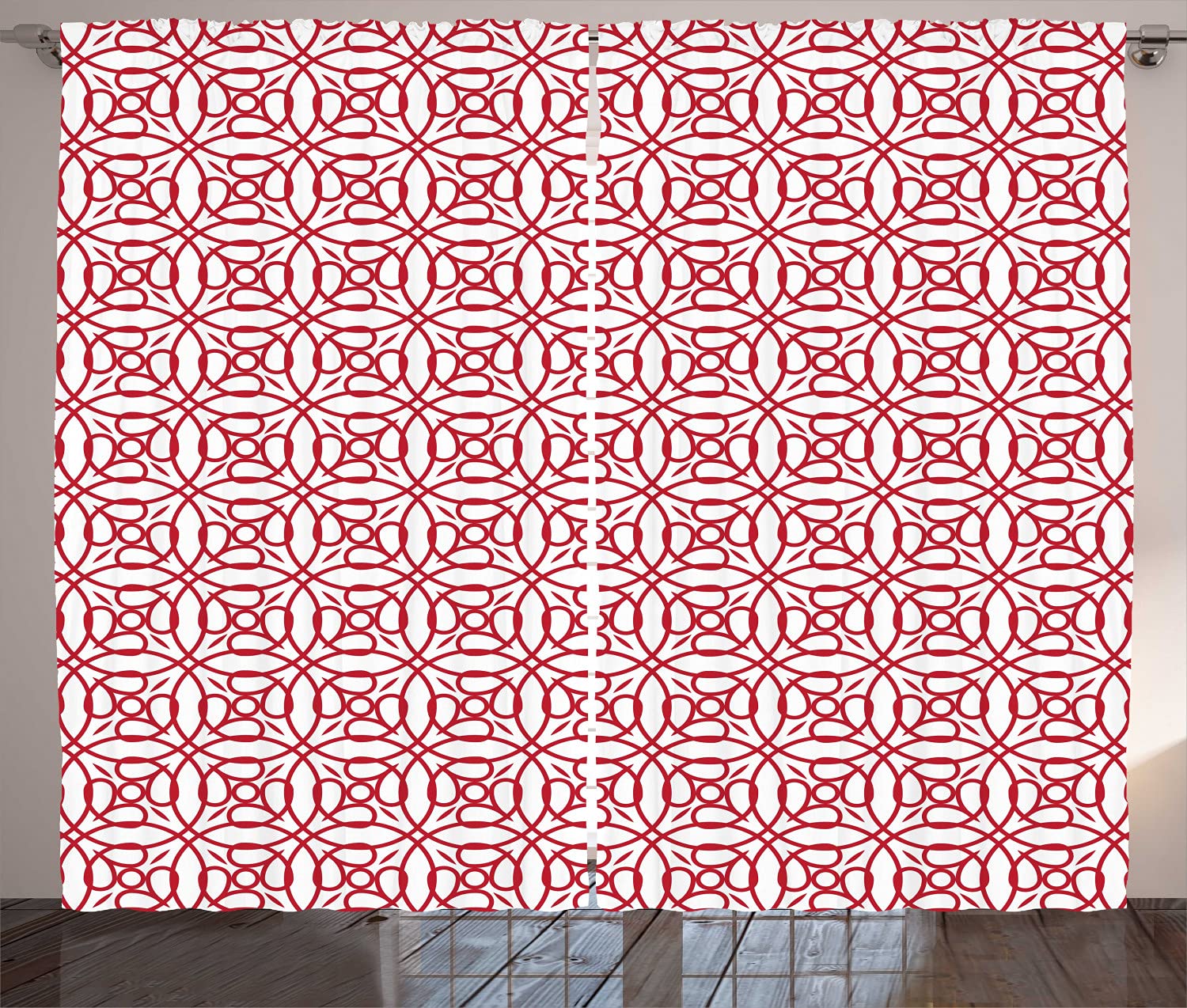 Ambesonne Abstract Curtains Set of 2 Panels - Retro Victorian Royal Coat of Arms Geometric Design with Intersecting Circles in Dark Pink and White - 108