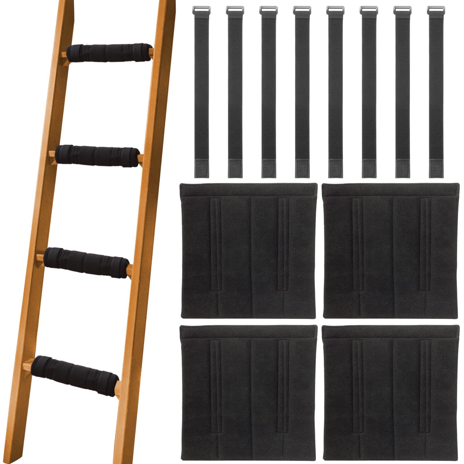4 Pcs Bunk Bed Ladder Pads with 8 Adjustable Hook & Loop Straps - Non-Slip Ladder Step Covers for Loft Beds (10x10 Inch) - Safe & Comfortable Climbing Accessories for Kids & Adults - Perfect for Bedrooms, Dorms & Treehouses (Ladder Not Included)
